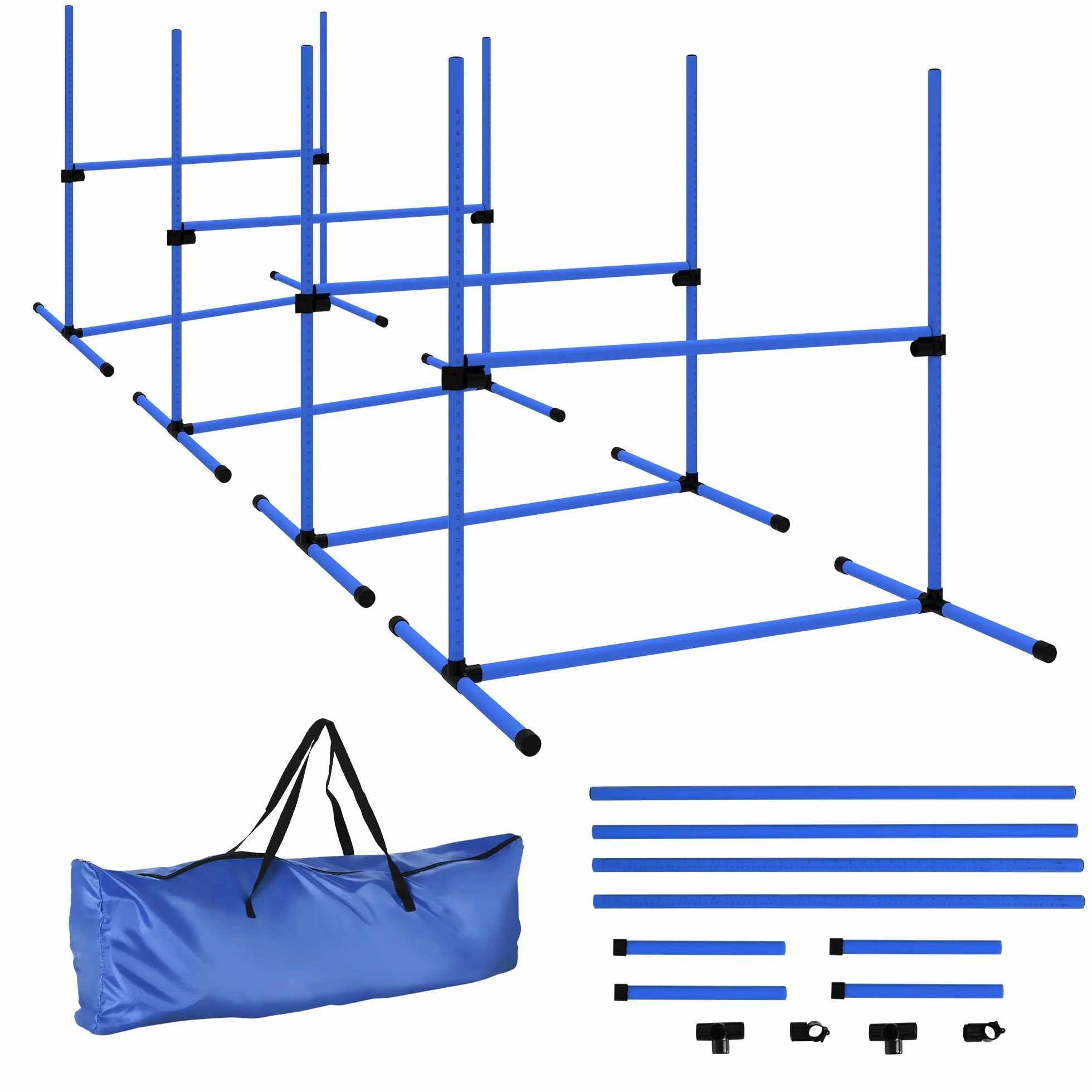 PawHut Zestaw Agility dla psów Zwinność Psów Kurs Zwinność Pies Zestaw 4 przeszkód zawodowych Regulowana wysokość z systemem podparcia podłogi 99 l x 65 l x 94H cm Dostarczona torba transportowa