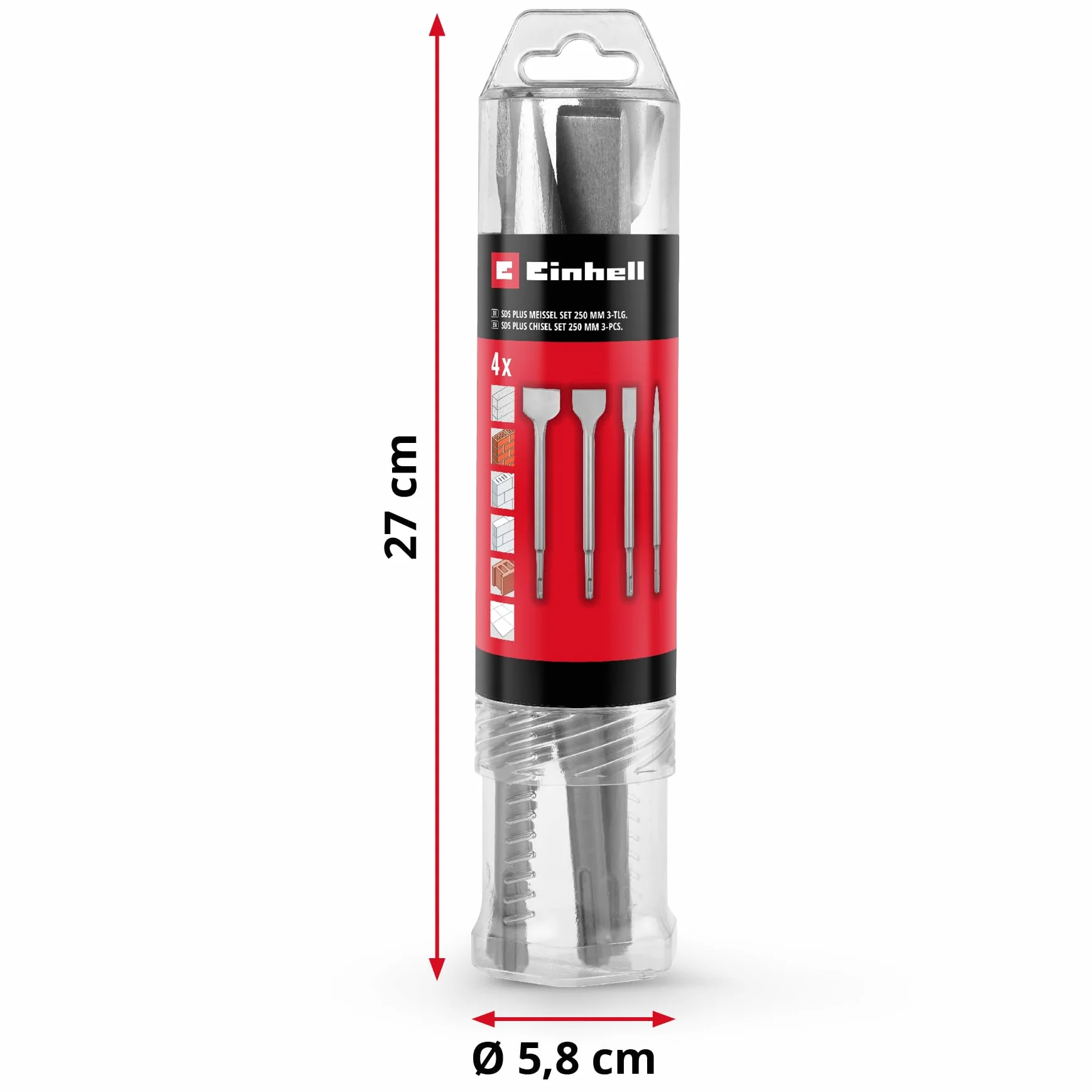 Oryginalny Einhell zestaw dłut SDS Plus, 250 mm (z dłutem spiczastym, dłutem płaskim 20 mm, dłuto łopatkowe 40 mm, dłuto do płytek 50 mm, z wytrzymałej stali 40Cr do prac rozbiórkowych i