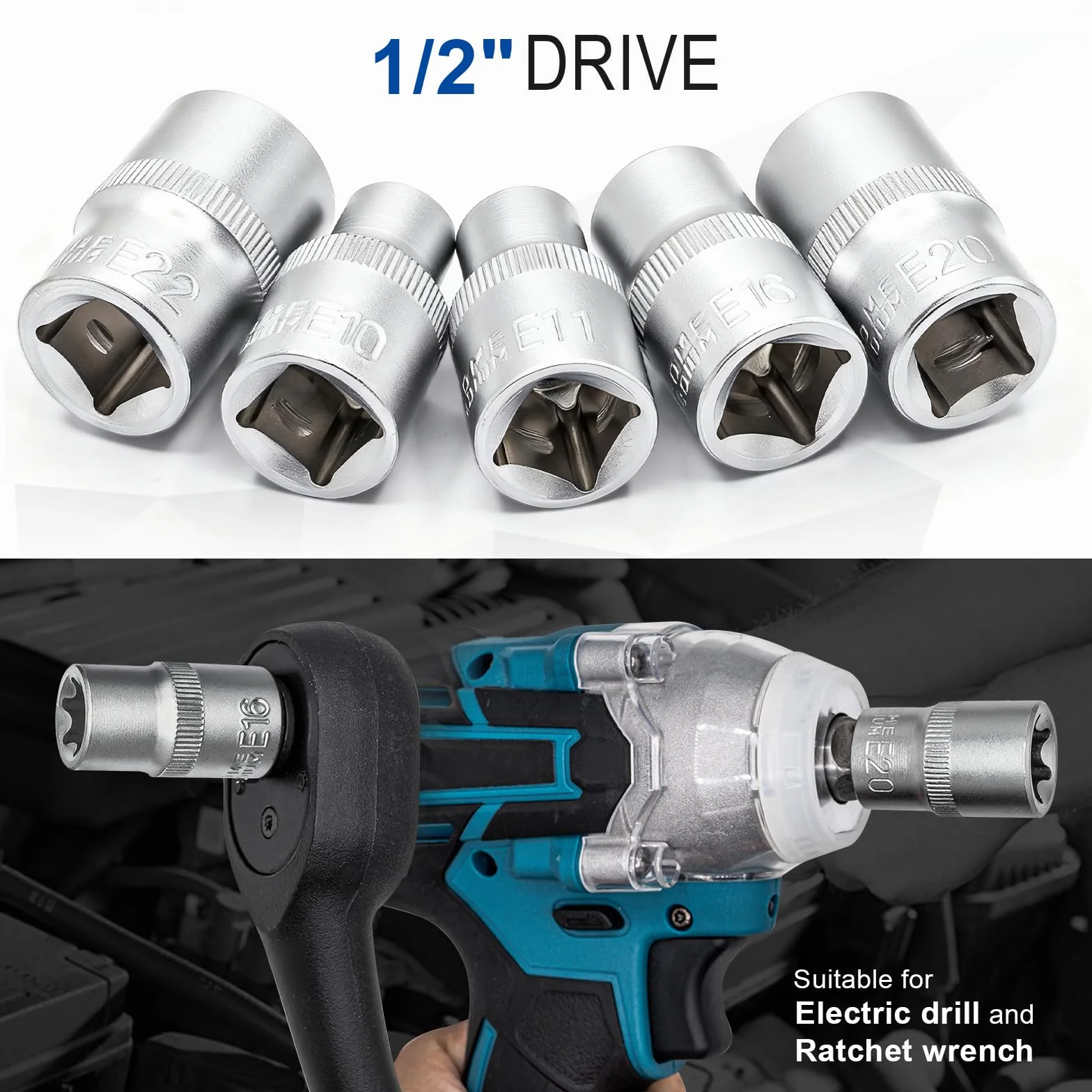 DAKCOS 9-częściowy zestaw kluczy nasadowych 1/2" E-Torx, profil E E10, E11, E12, E14, E16, E18, E20, E22, E24 z CR-V z matowym chromowanym wykończeniem