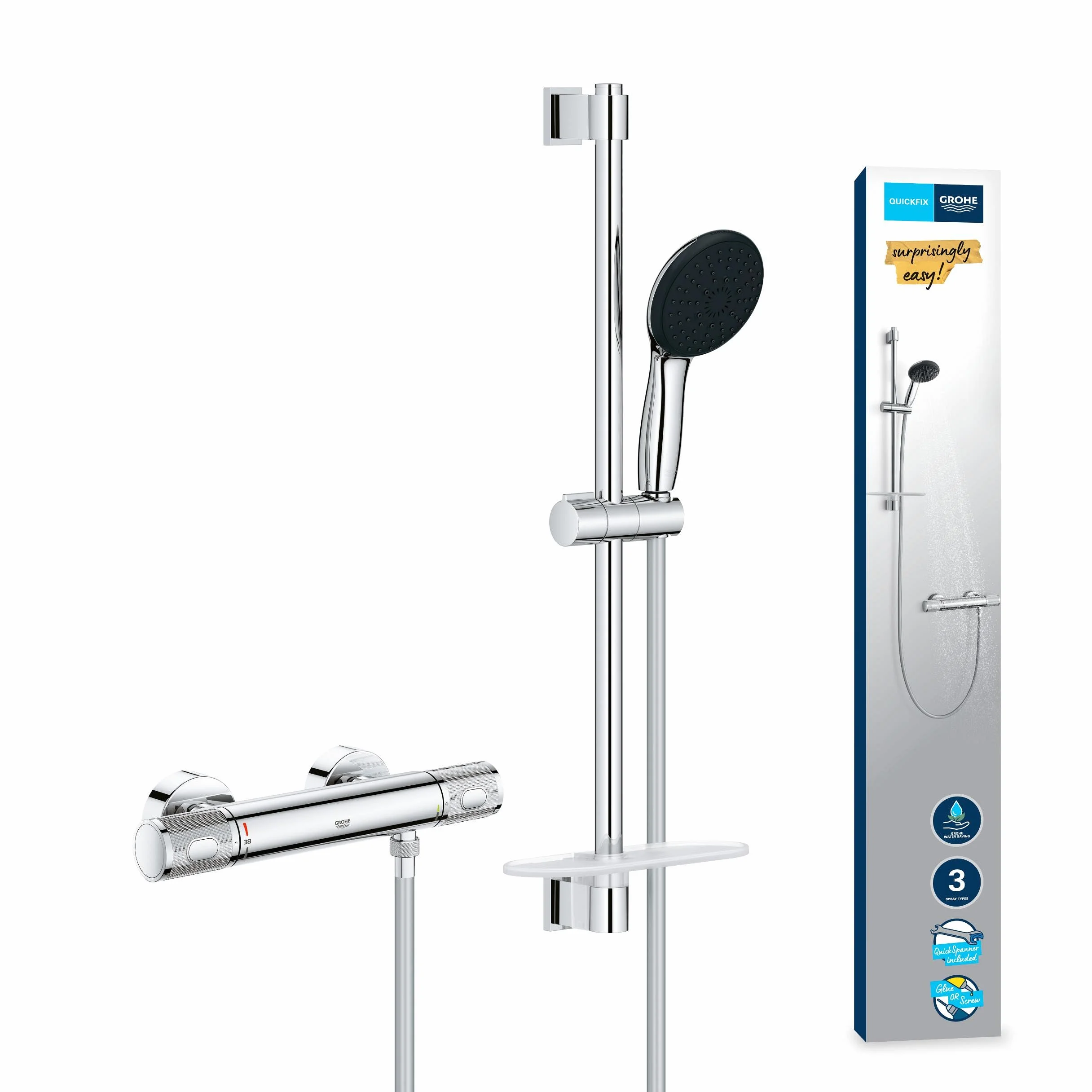 Grohe Precision Feel 34791001 zestaw prysznicowy oszczędzający wodę ~ 8 l/min (3 rodzaje strumienia, CoolTouch – bez oparzeń na termostatze, drążek prysznicowy 60 cm, w zestawie z narzędziami