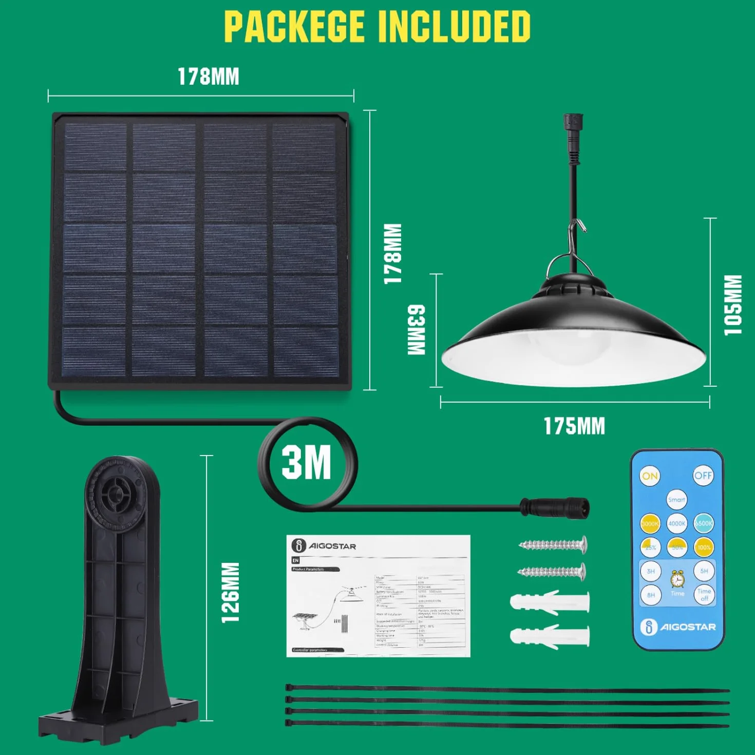 Aigostar Lampa Wisząca na Energię Słoneczną， Lampa Solarna na Zewnątrz z Pilotem, Timerem， Duża Pojemność Baterii i IP65 Wodoodporna, Kablem 3M
