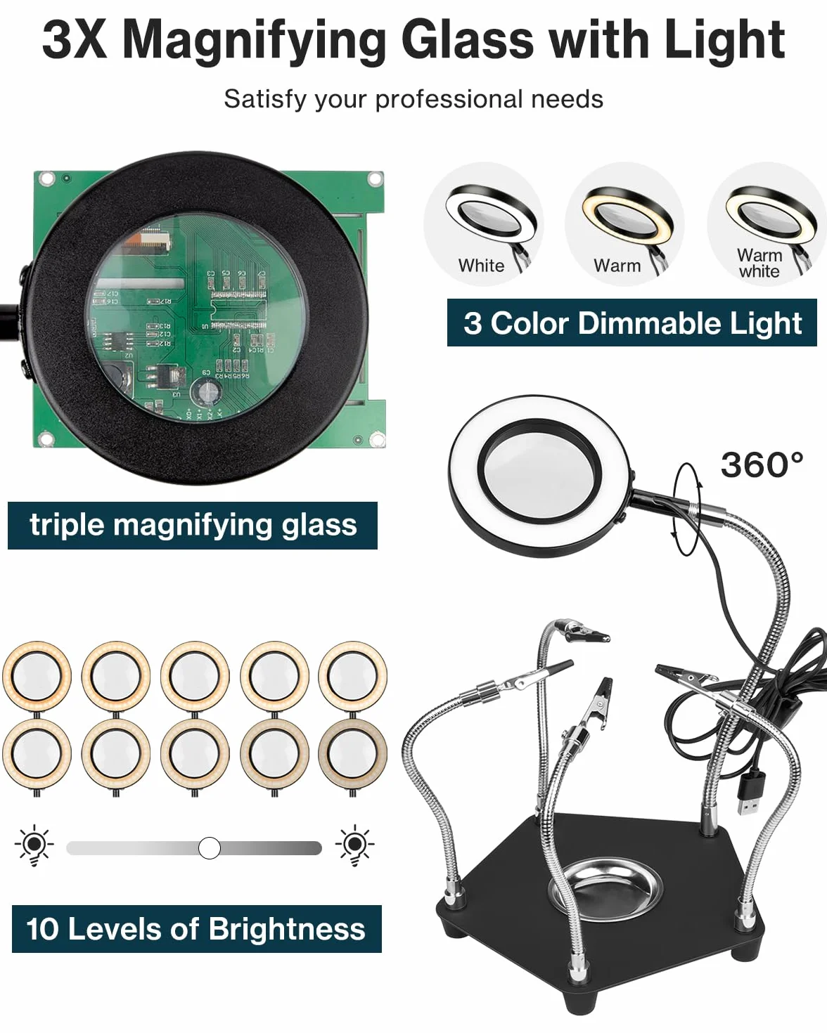 Stacja lutownicza trzeciej ręki, pomoc w lutowaniu, uchwyt na płytkę drukowaną, narzędzia do rękodzieła, warsztatu, stacja pomocnicza z USB LED, 3 x lupa, cztery ramiona pomocnik rzemiosło biżuteria