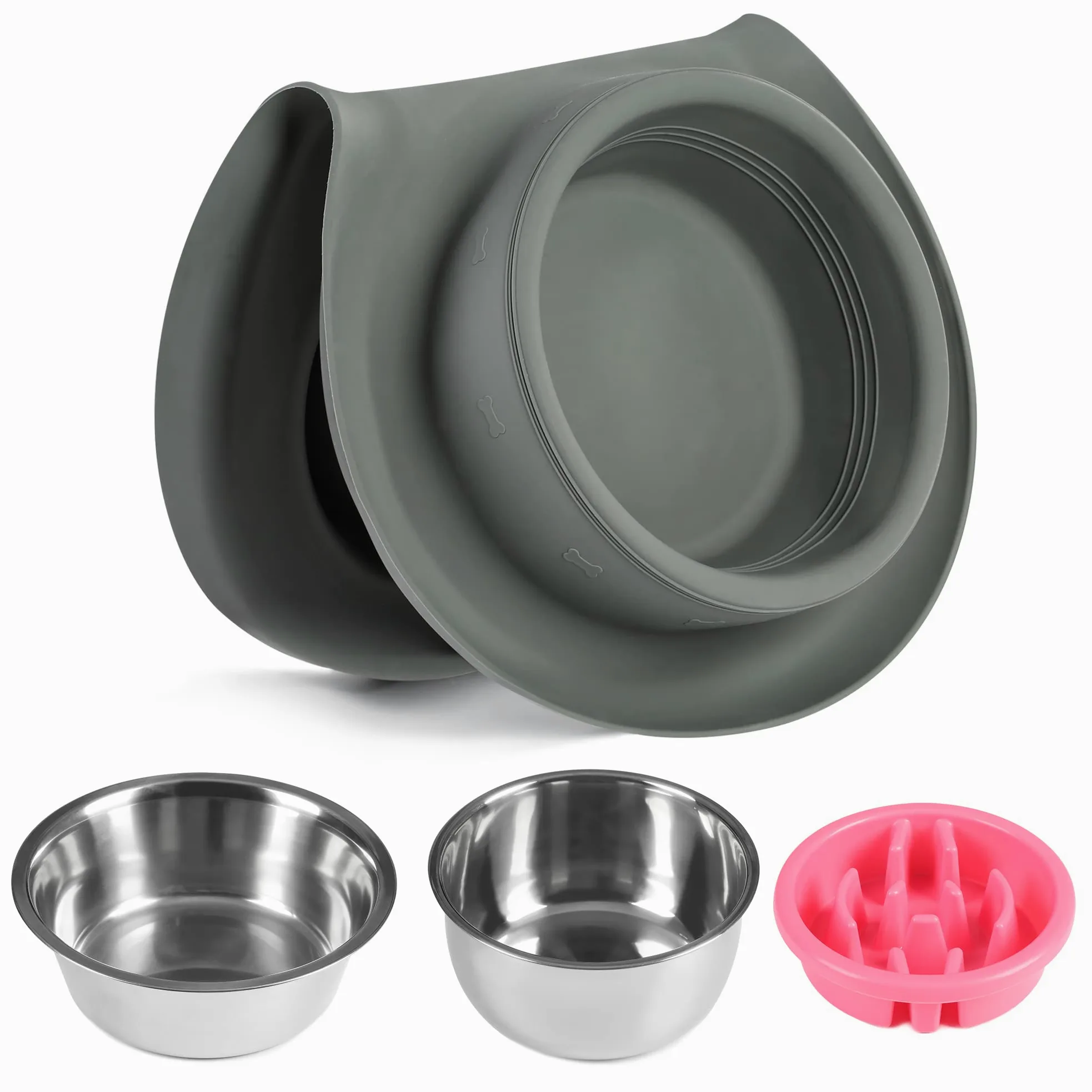 Miski dla zwierząt domowych 2 miski dla psa ze stali nierdzewnej (1,5 g + 760 g) z 3 cm bez rozlania, antypoślizgowa mata silikonowa + powolne karmienie dla psów i karmy do karmienia małych dużych psów, kotów, szczeniąt (szare)