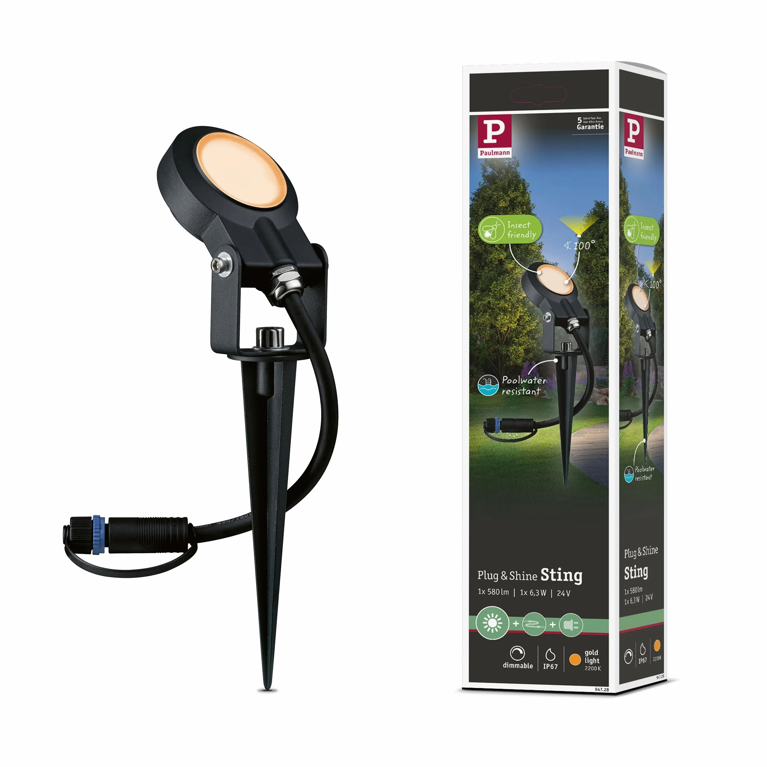Paulmann 94728 Plug & Shine oprawa zewnętrzna LED reflektor ogrodowy Sting przyjazny owadom IP67 2200K 6,3W Antracyt okrągły ściem. złote światło Alu