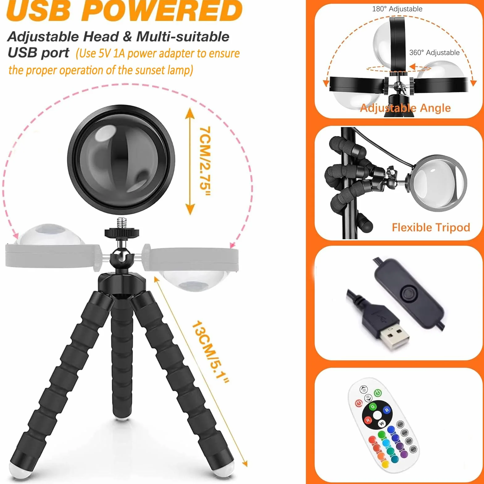 CORATED 16 kolorów lampa zachodu słońca, projektor LED RGB ze statywem i pilotem zdalnego sterowania, obracane o 360°, romantyczne światło nastrojowe Vision, nadaje się do fotografii, selfie