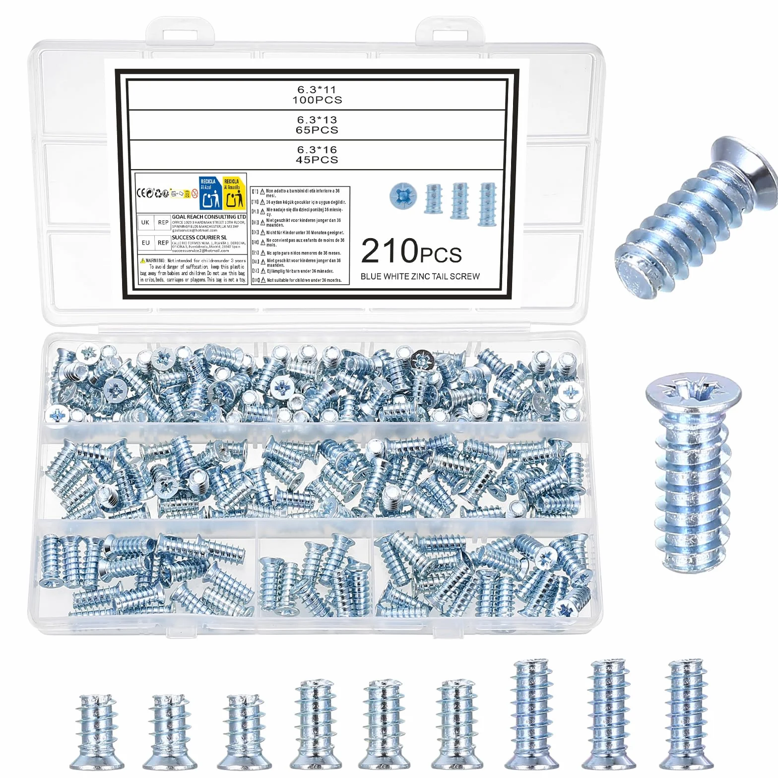 210 sztuk śrub euro, śrub meblowych do zawiasów, z płaskimi łbem stożkowym, do szuflad, szafek, prowadnic szuflad, M6,3 x 11 mm/13 mm/16 mm