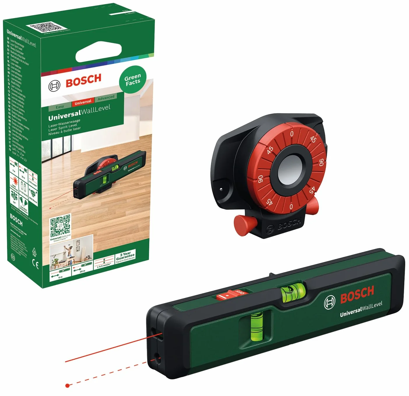 Bosch Poziomica laserowa UniversalWallLevel (poziomica, laser liniowy do wyrównywania elementów na ścianach, laser punktowy do przenoszenia wysokości w zakresie do 20 m, opakowanie kartonowe)