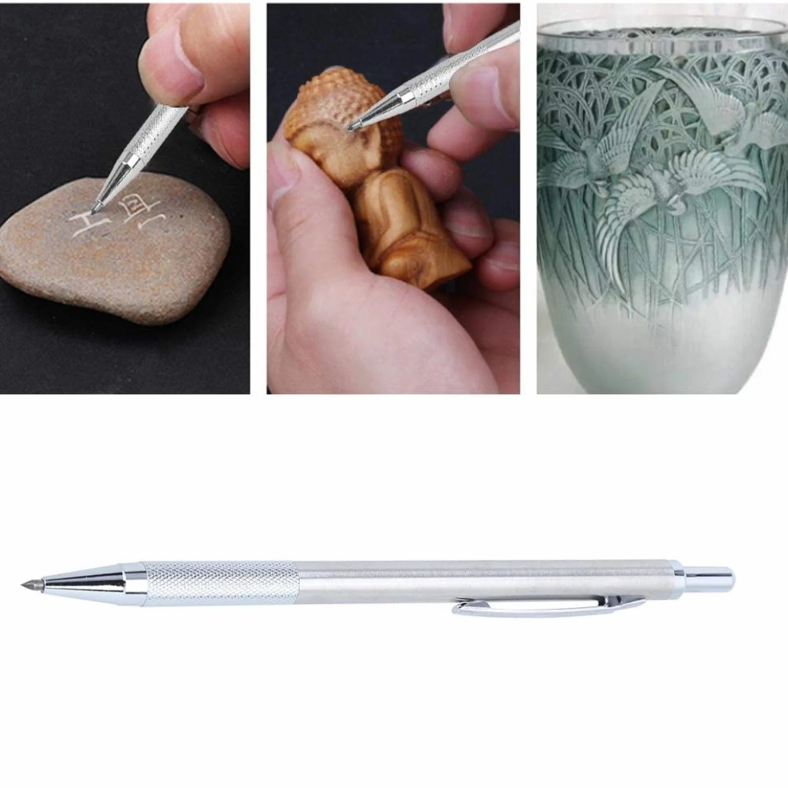 Pióro do grawerowania, końcówka ze stali wolframowej i długopis z twardego metalu, narzędzie do grawerowania metalu/szkła/plastiku/ceramiki itp. (Srebro)