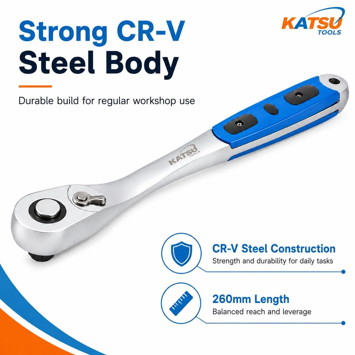KATSU Tools 1/2-calowy kwadratowy napęd 90 zębów szybkie zwalnianie odwracalny klucz nasadowy z grzechotką, miękki uchwyt, stal CR-V, długość 260 mm 423909