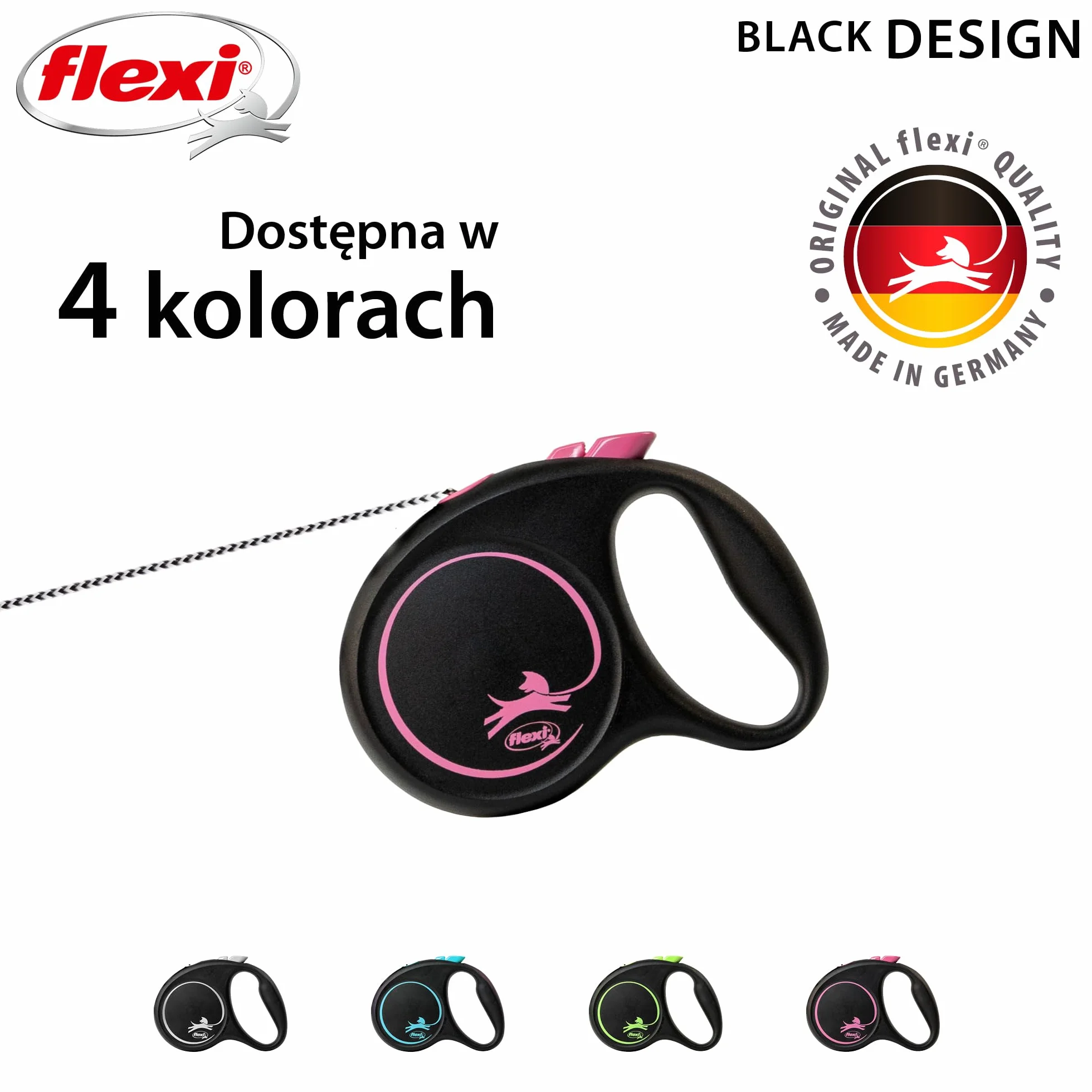 Flexi, model smyczy w kolorze czarnym, wersja ze sznurkiem, nowoczesny i ergonomiczny kształt, zaawansowany system prowadzenia, zwijana smycz, wyprodukowano w Niemczech, czarno-różowy, XS - 3m