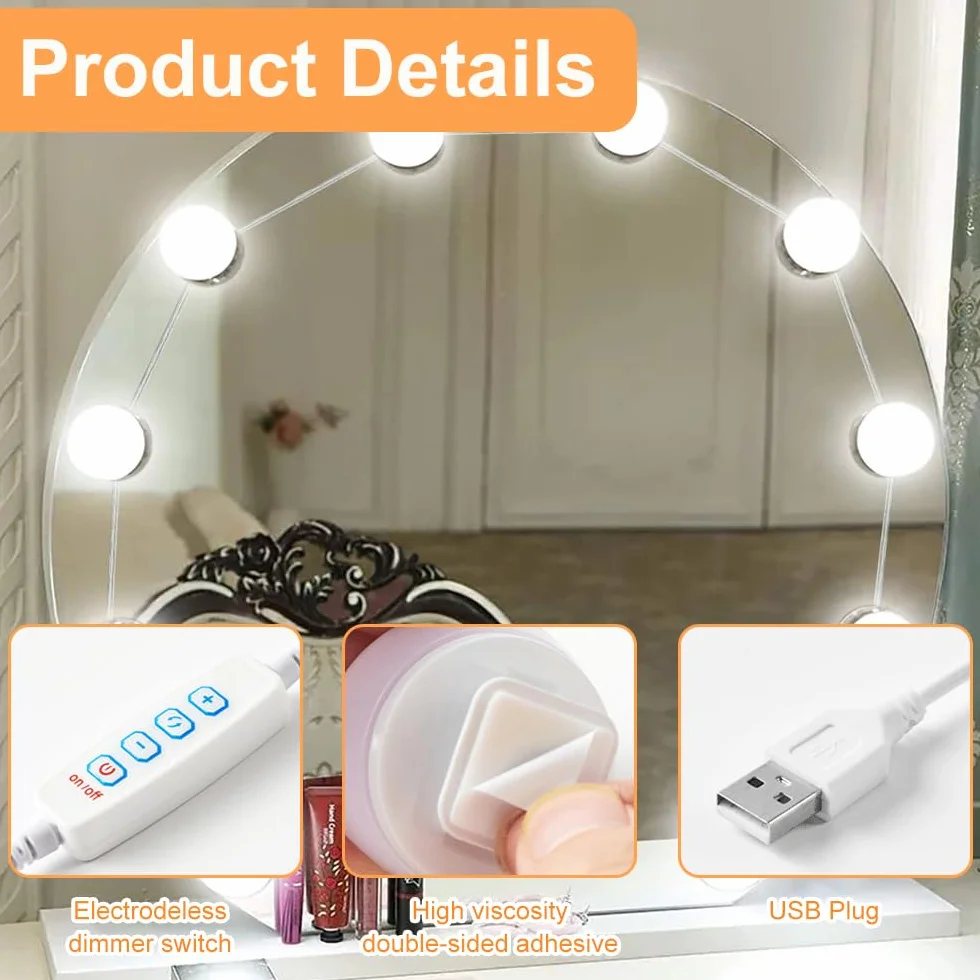Lampa LED do lustra, 10 diod w stylu Hollywood, możliwość ściemniania, 3 kolory, do toaletki, oświetlenie makijażu, lustro kosmetyczne, lustro łazienkowe, z kablem USB