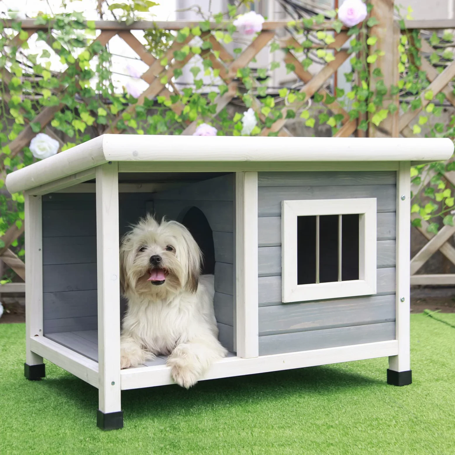 Petsfit Domek dla psów drewniany ze stalowym oknem, buda na zewnątrz z dachem asfaltowym