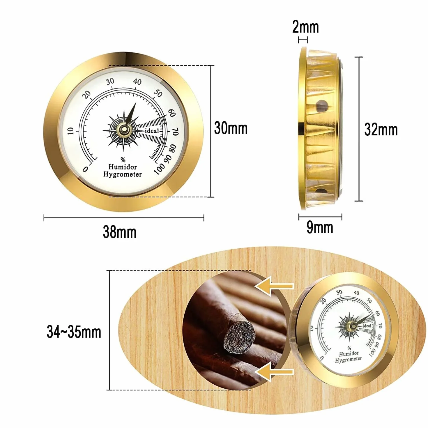 Higrometr jako zamiennik do humidorów, Ø 38 mm, złoty, okrągły stop, precyzyjny monitor, humidor do cygar, higrometru/walizki gitarowej/szklarni
