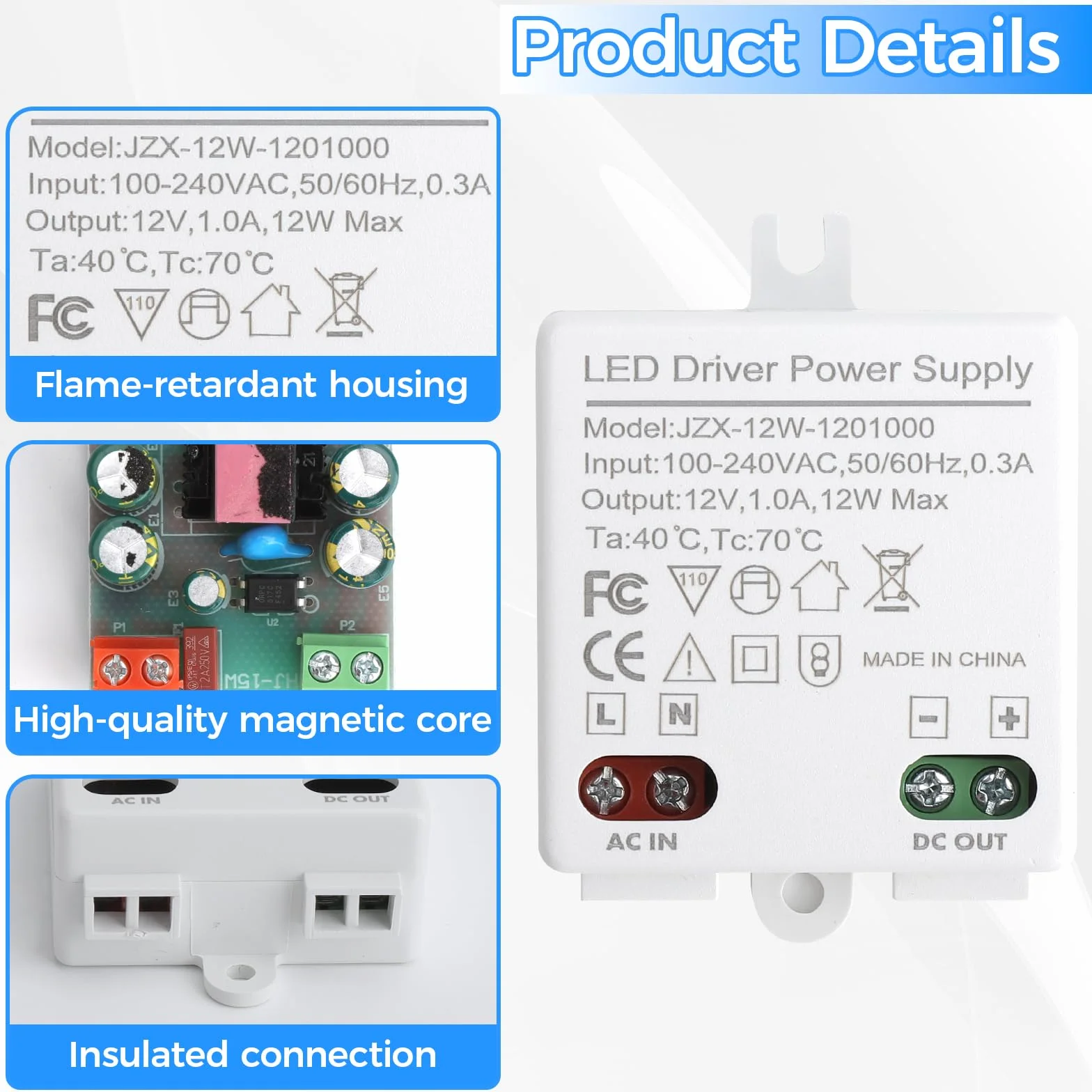 2 szt. LED Mini 12 V/DC 12 W transformator sterownik prądu stałego, 0-10 W do oświetlenia lamp, transformator elektroniczny
