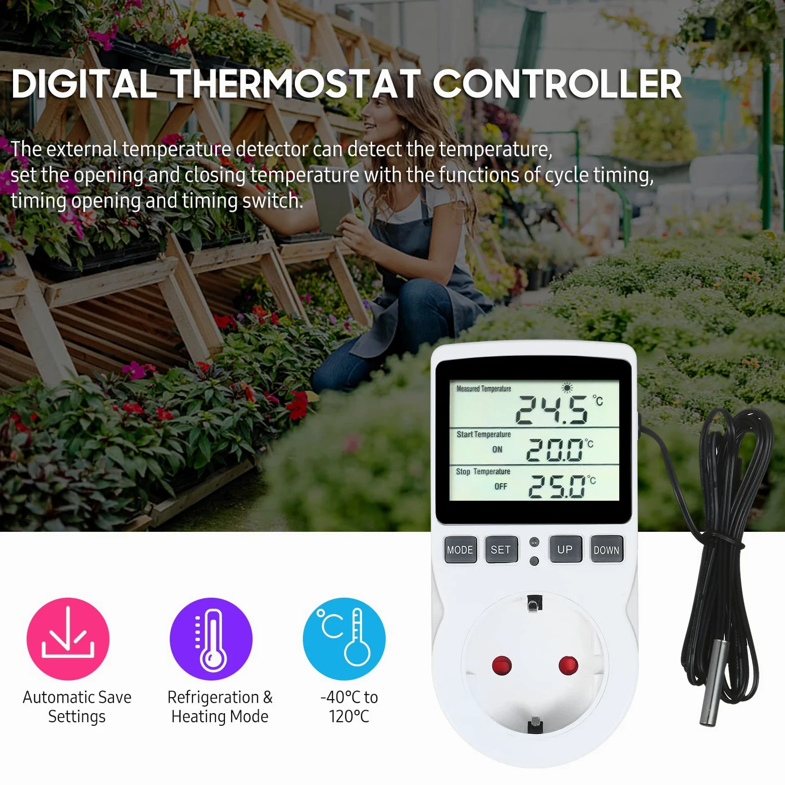 Weytoll Cyfrowy regulator temperatury 220 V LCD do szklarni akwarium terrarium