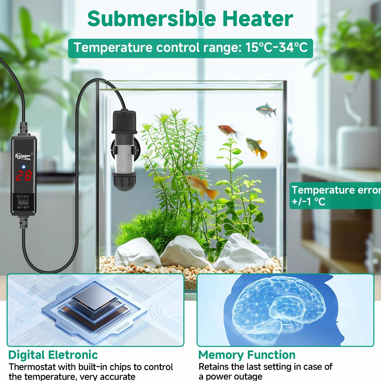 hygger Grzejnik do akwarium 10 W regulowany 15-34°C cyfrowy z kontrolerem temperatury