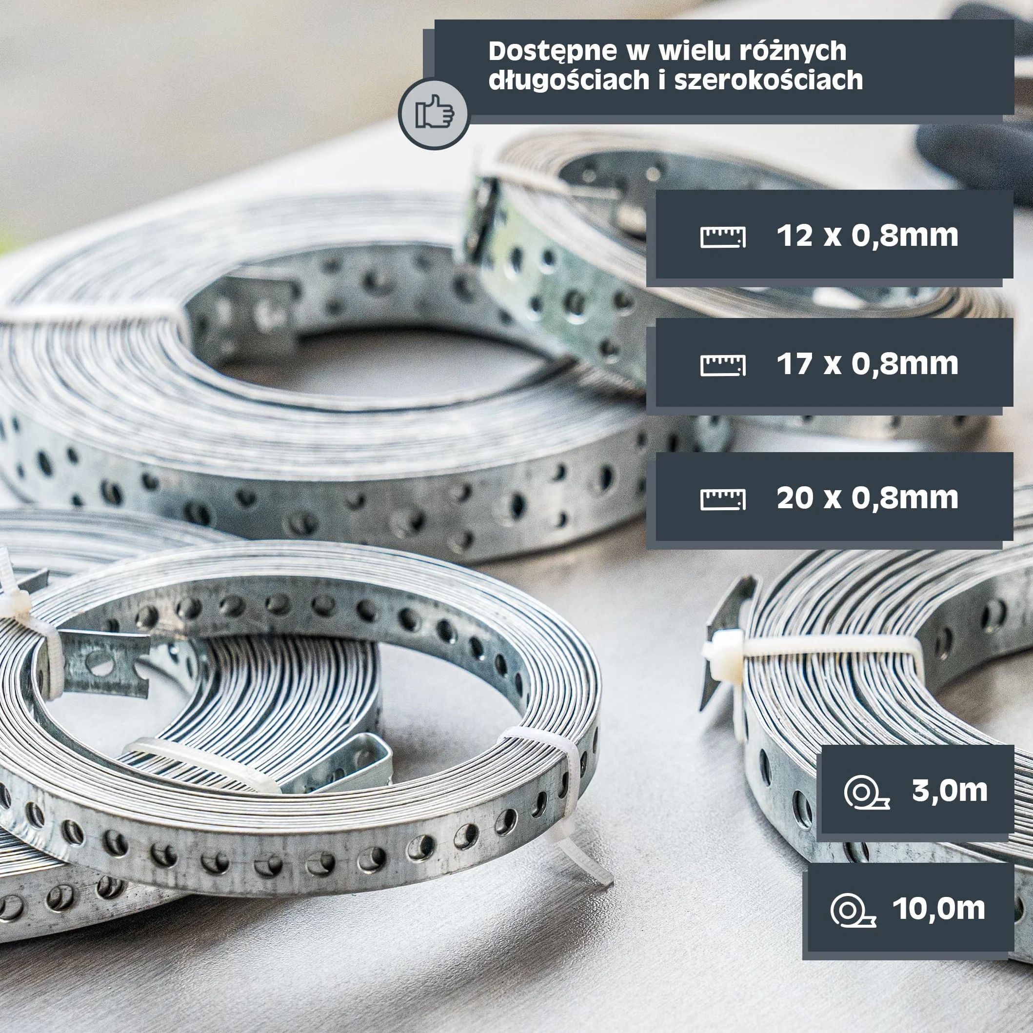 HELPMATE – Taśma perforowana o długości 10 m – stal ocynkowana sendzimir – szerokość 17 mm – grubość materiału 0,8 mm – wysokiej jakości ocynkowana – wytrzymała do budowy, warsztatu, projektów "zrób