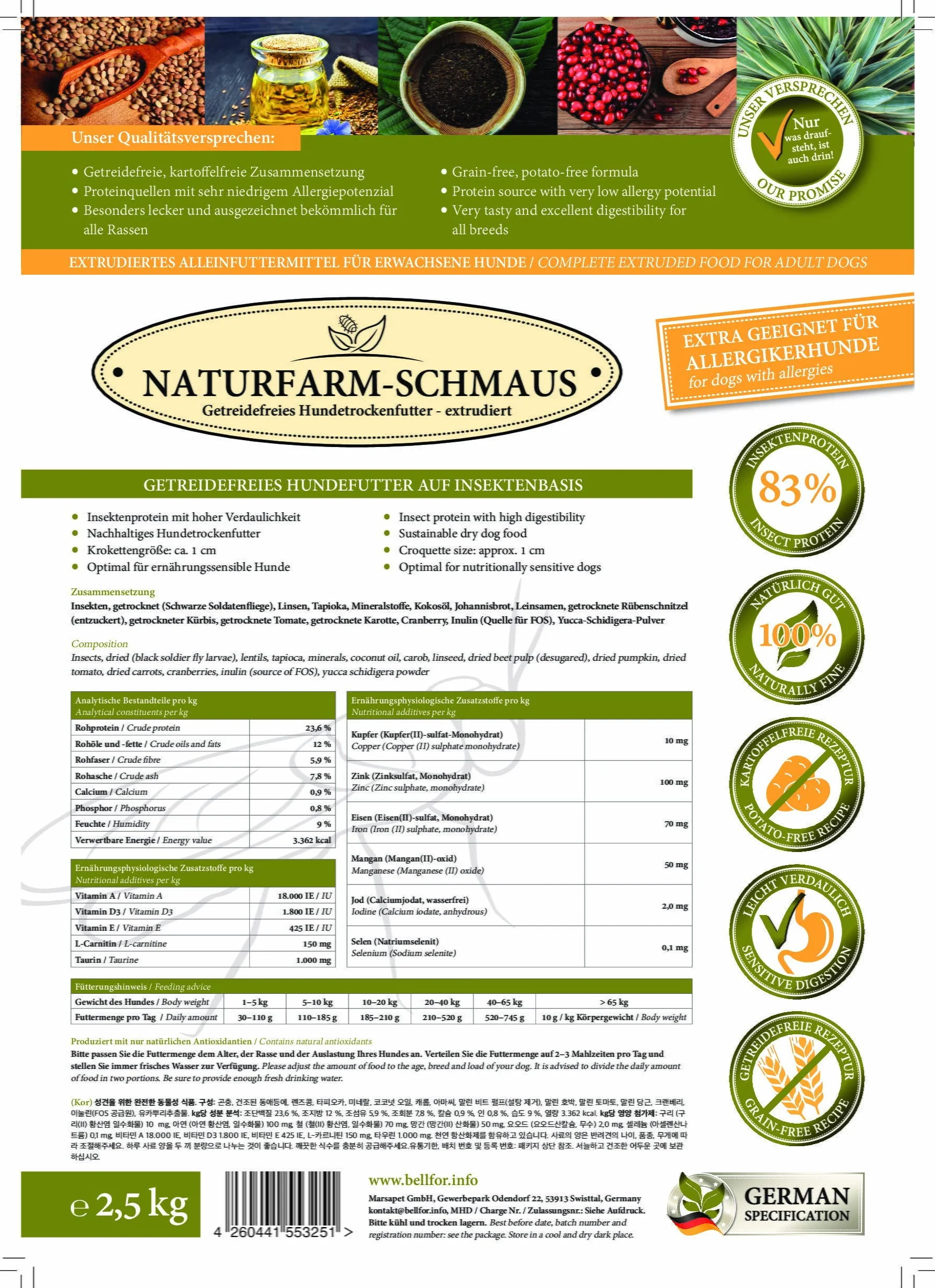 Bellfor Naturfarm-Schmaus hipoalergiczna sucha karma dla psów bez zbóż z owadami 2,5 kg