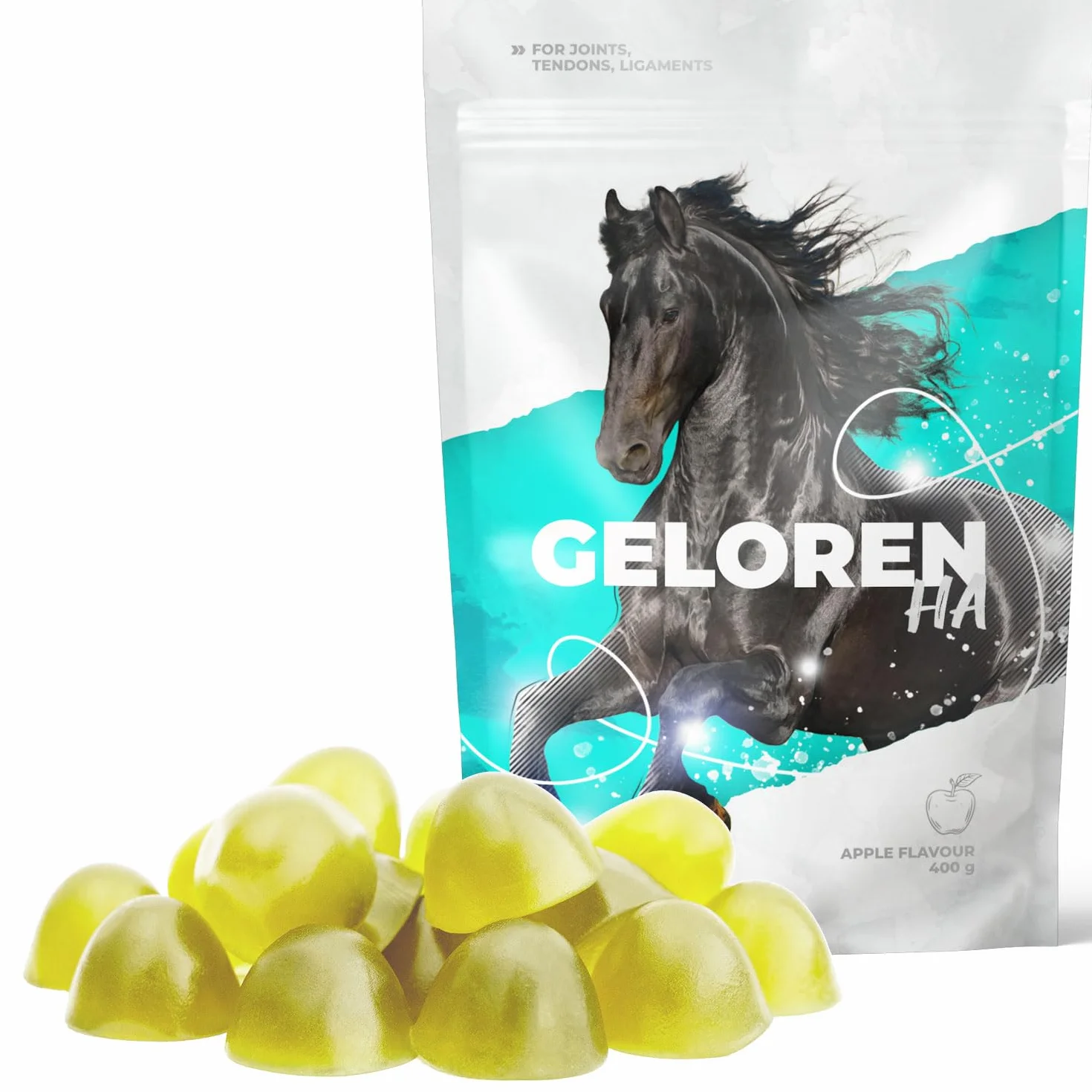 Dodatki dla koni do stawów HA - kwas hialuronowy - naturalne kostki żelowe dla koni, do zaopatrywania więzadeł i stawów, jabłko, 3 x 450 g