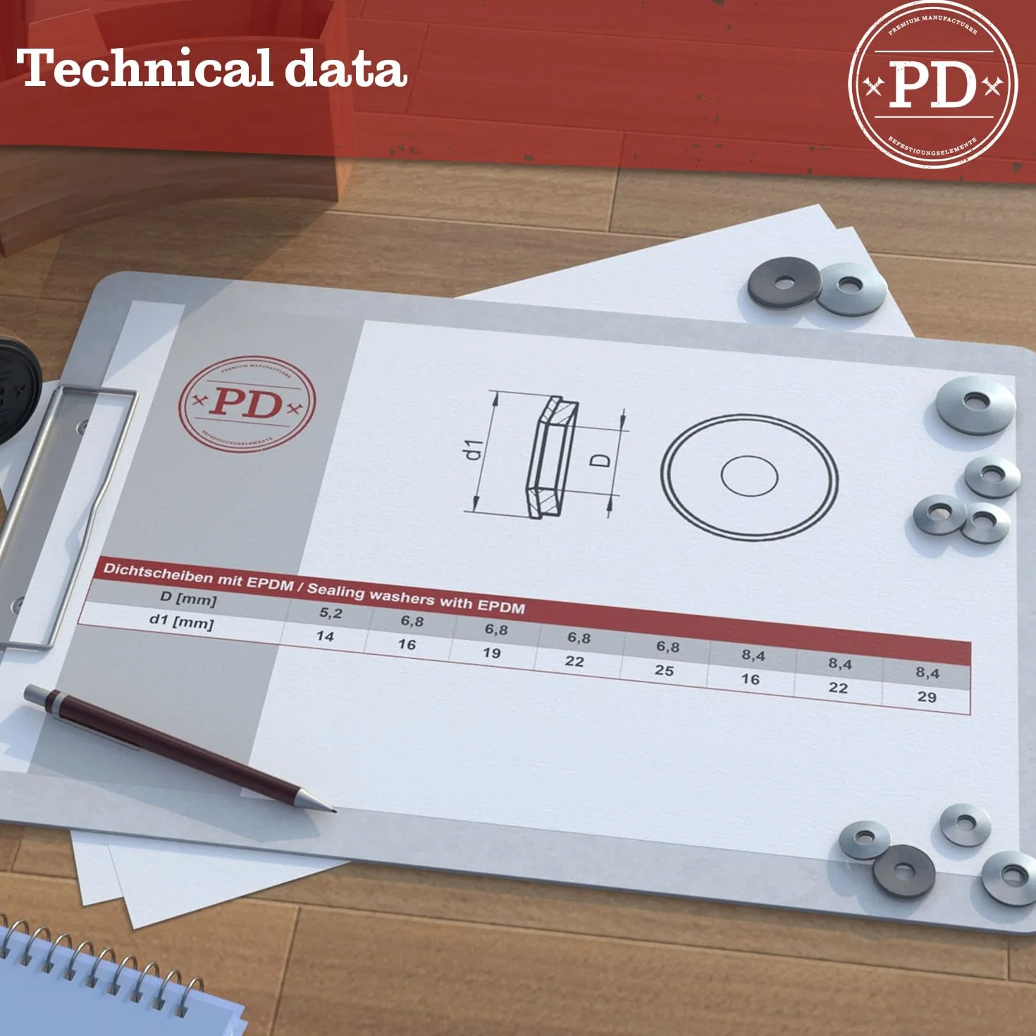 PD® M5 uszczelniające podkładki z EPDM (5,2 x 14 mm) | uszczelniające podkładki do śrub A2 V2A | podkładki do wkrętów spazerowych, śrub wiertniczych i śrub eternit