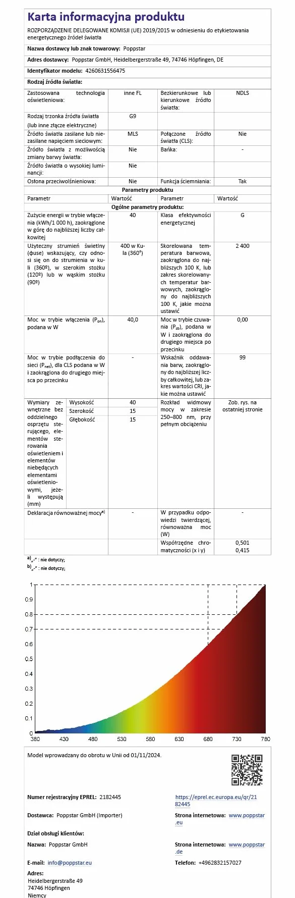 Poppstar 2 żarówki do piekarnika G9 40W, odporna na wysokie temp. do 300°C (barwa światła: biała, ciepła 2400K, 400lm)