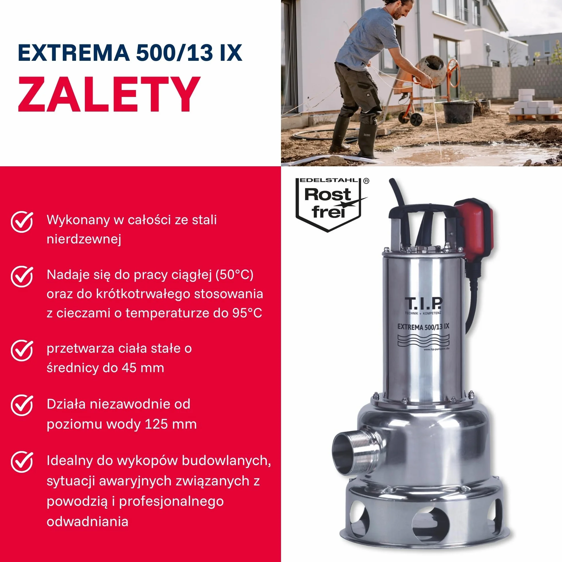 T.I.P. Pompa zanurzeniowa do brudnej wody Extrema 500/13 IX 30000 l/h 13m 1800W 45mm 95°C