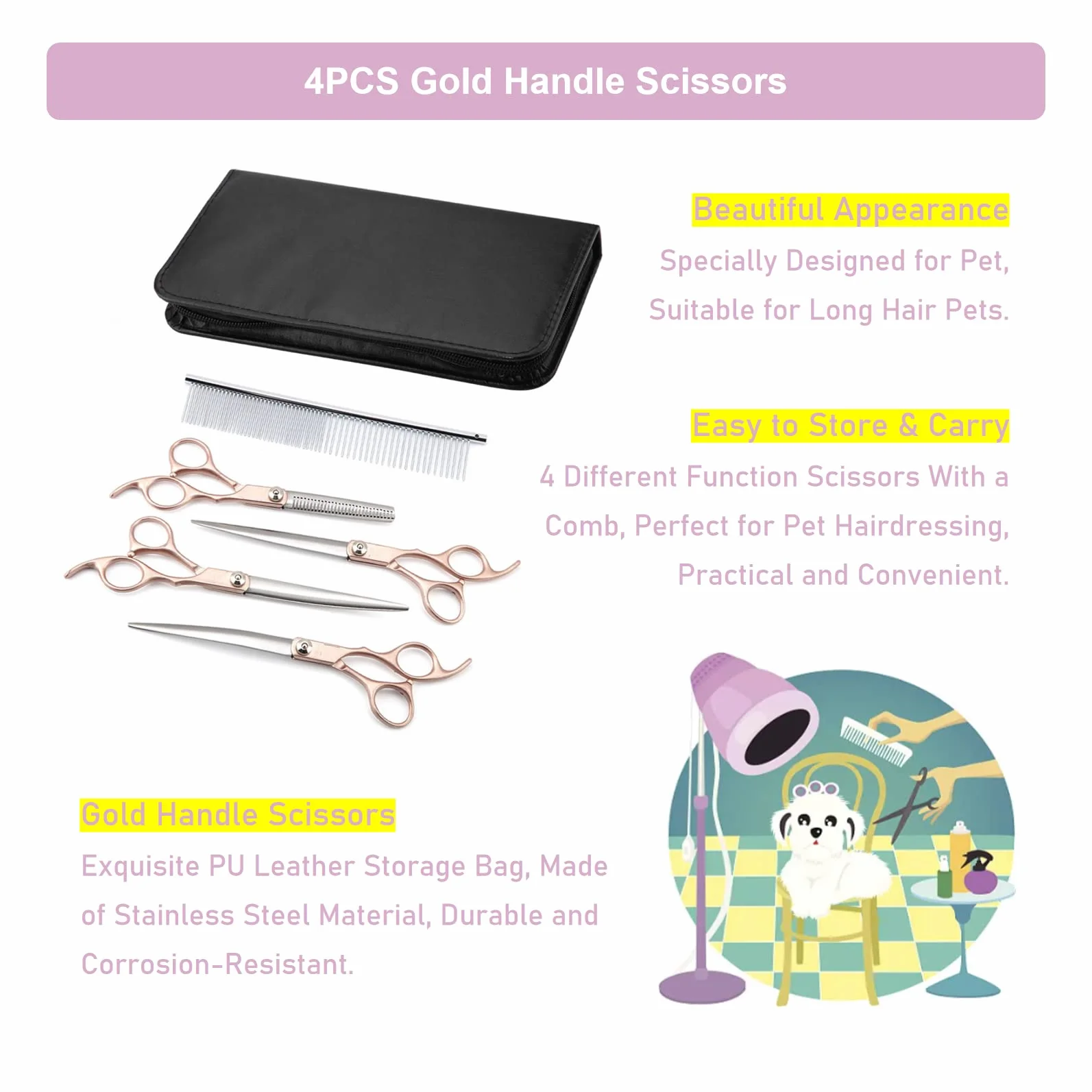 No?yczki Dla Zwierz?t Domowych dog grooming kit 4 Szt. Zestaw No?yczek Do Piel?gnacji Psów Z Torb? Ze Skóry Pu, Psie No?yczki No?yczki Fryzjerskie Dla Psów Nożyczki