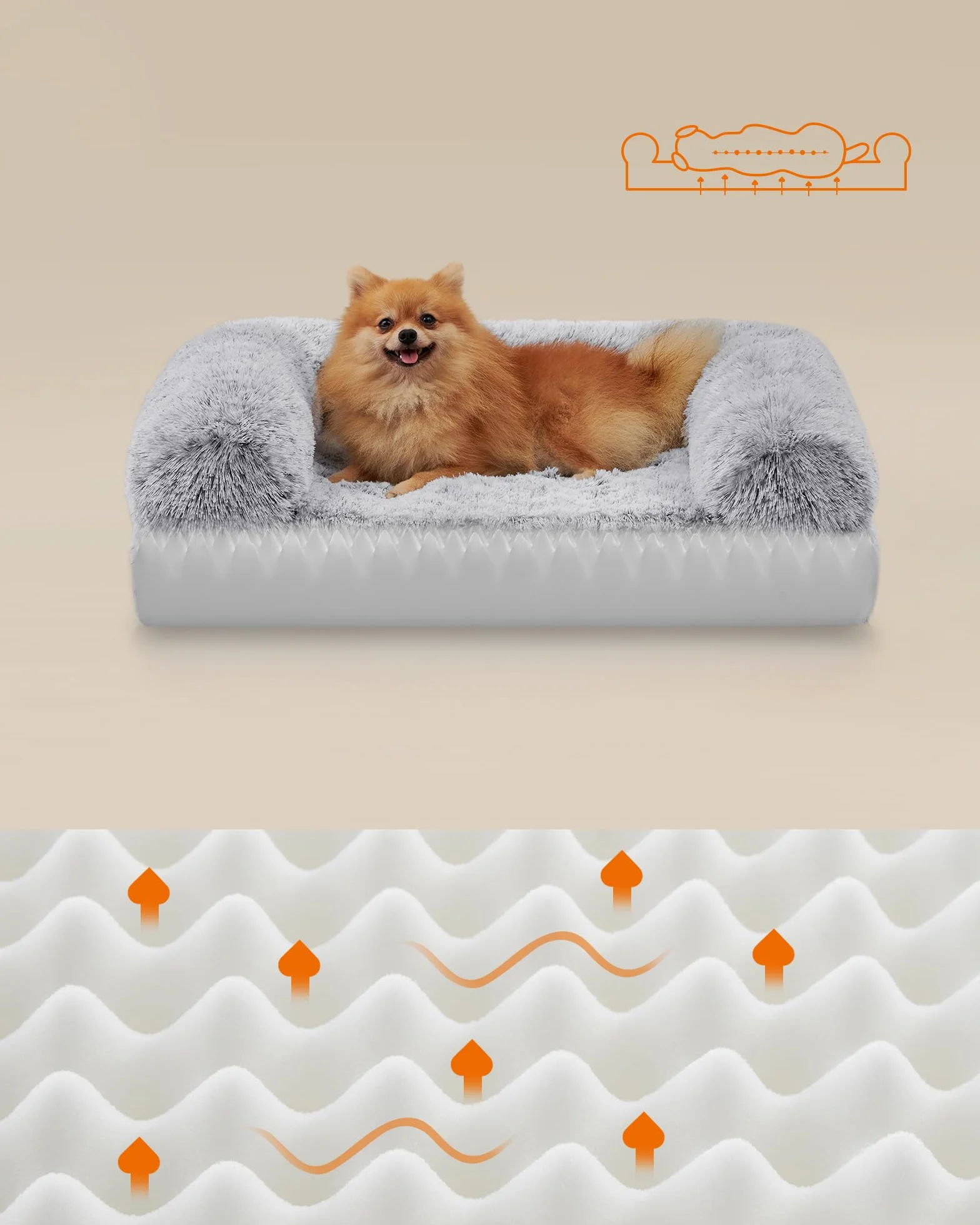 Feandrea FluffyHug Legowisko dla psa, średnie legowisko-kanapa, pianka w kształcie jajka, zdejmowana pokrywa, 76 x 58 x 19 cm, szary ombré