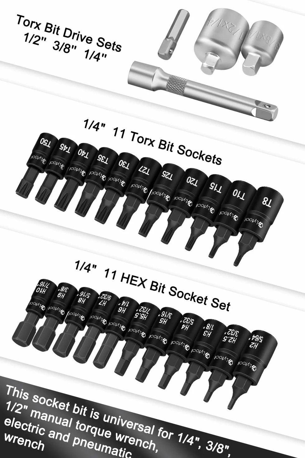 Lytool 1/4" 25-częściowy zestaw kluczy nasadowych Torx i Hex | adaptery 1/2" na 1/4", 3/8" na 1/4" i czworokątny na sześciokątny do samochodu, roweru, gospodarstwa domowego