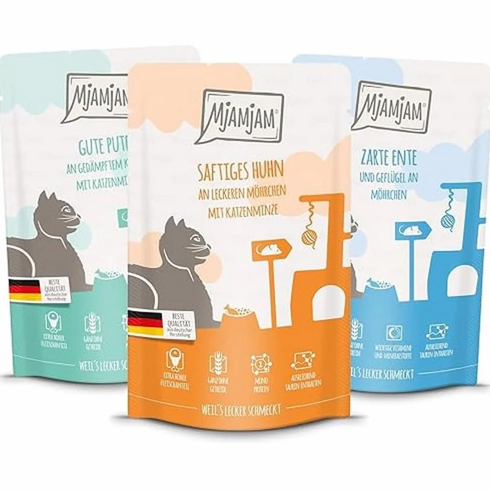 MjAMjAM - Premium mokra karma dla kotów - 4 x kurczak, 4 x kaczka i drób, 4 x indyk 12 x 125 g, opakowanie 12 szt. (12 x 125 g), bez zbóż z dodatkowym mięsem