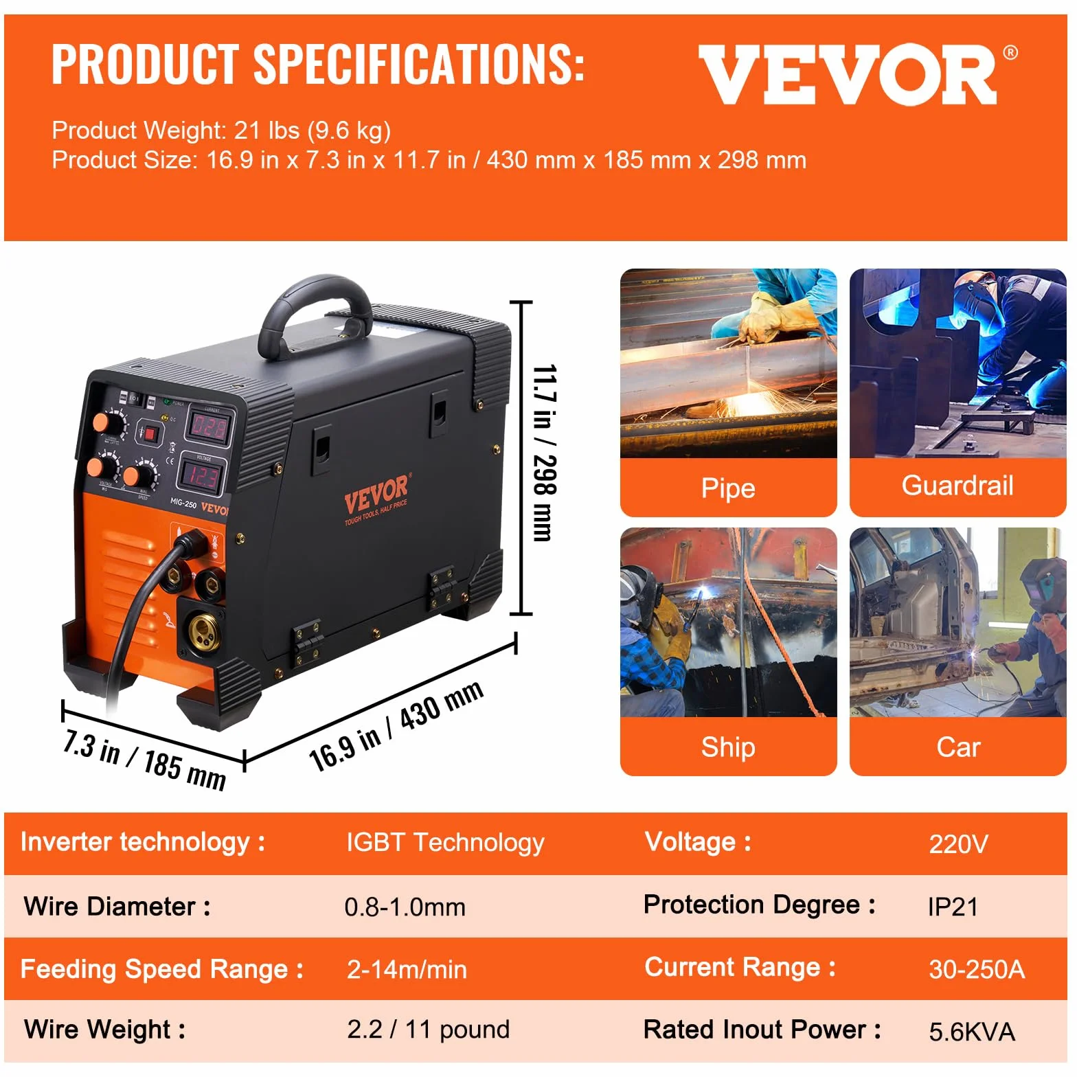 VEVOR Spawarka MIG/MMA/TIG 3 w 1 50–250 A, spawanie drutem wypełniającym (0,8 mm i 1 mm), technologia IGBT 2,2-12 m/min, prędkość drutu 5,6 kVA, znamionowa moc wejściowa, stopień ochrony IP21S