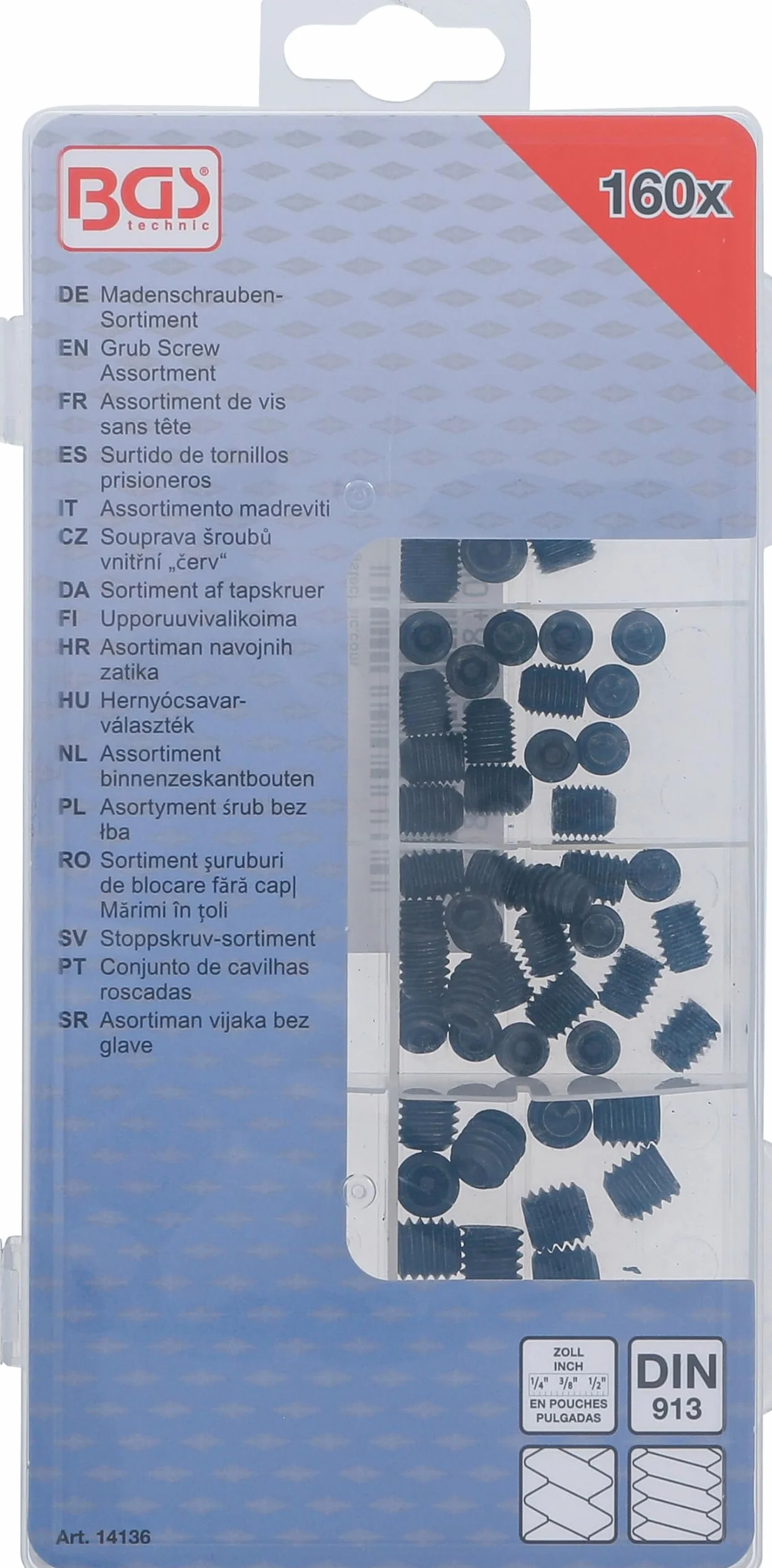BGS 14136 | Asortyment śrub bez łba | calowy | 160 szt.