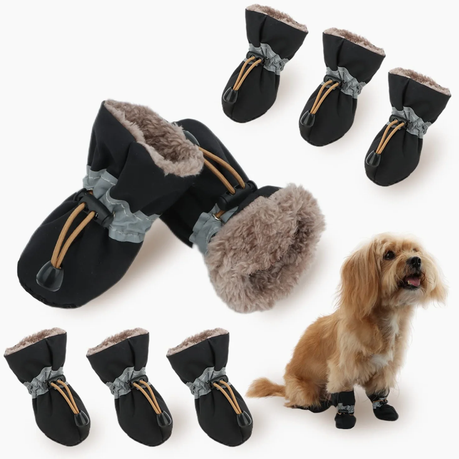 Buty dla psów, ochraniacze łap, buty zimowe dla małych psów, z antypoślizgową podeszwą i pluszem, do ciepłego śniegu, spacerów na świeżym powietrzu, 8 szt., czarne + czarne, rozmiar 2