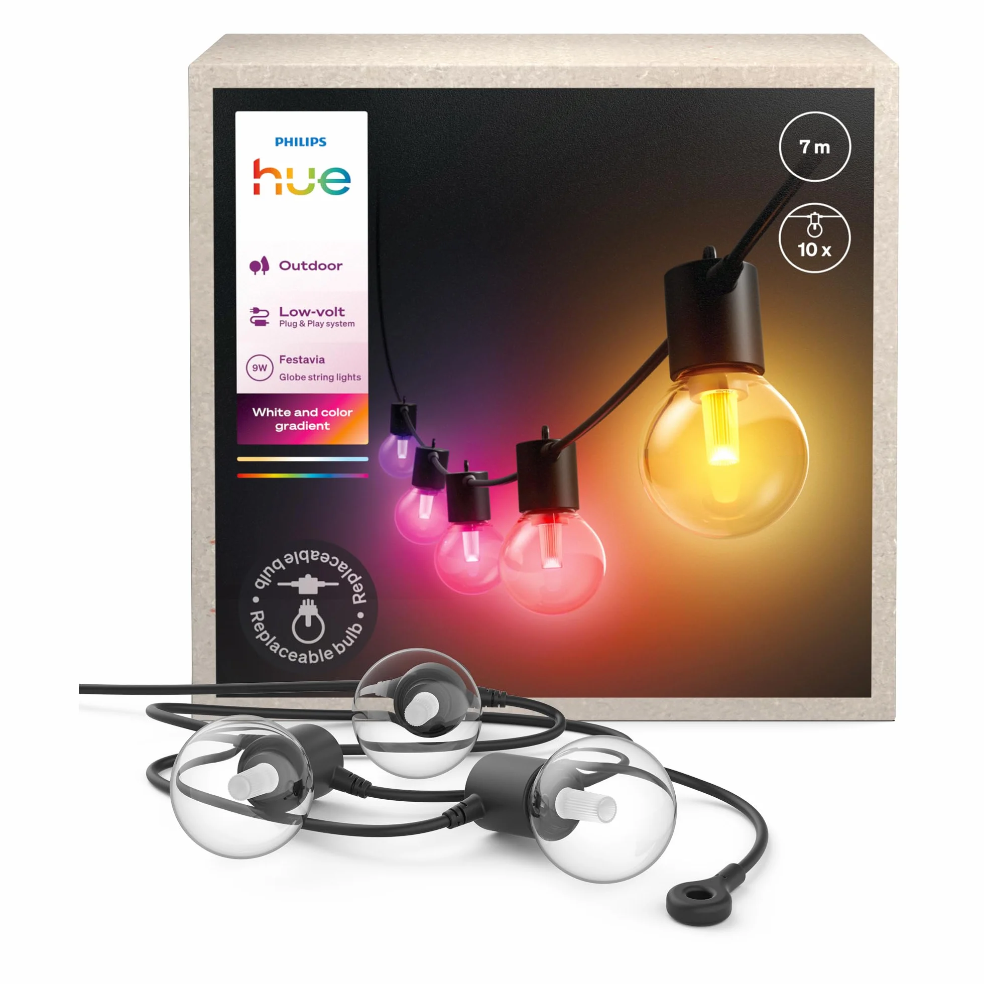 Philips Hue Festavia Globe Oświetlenie Na Zewnątrz, Biała i Kolorowa Atmosfera, 7 M, 10 Żarówek, Ściemniane, Sterowanie za pomocą Aplikacji Hue, Współpracuje z Alexa, Google Assistant i Apple Home