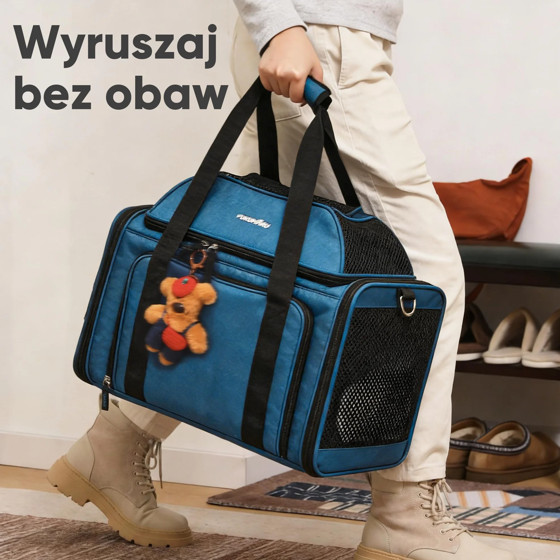 FUKUMARU Rozszerzalny Transporter dla Kota 46x28x28 cm, Miękki i Składany Transporter dla Psa, Zatwierdzony przez Linie Lotnicze, Wentylowany, Trwała Siatka, Odporny na Ucieczki, Niebieski