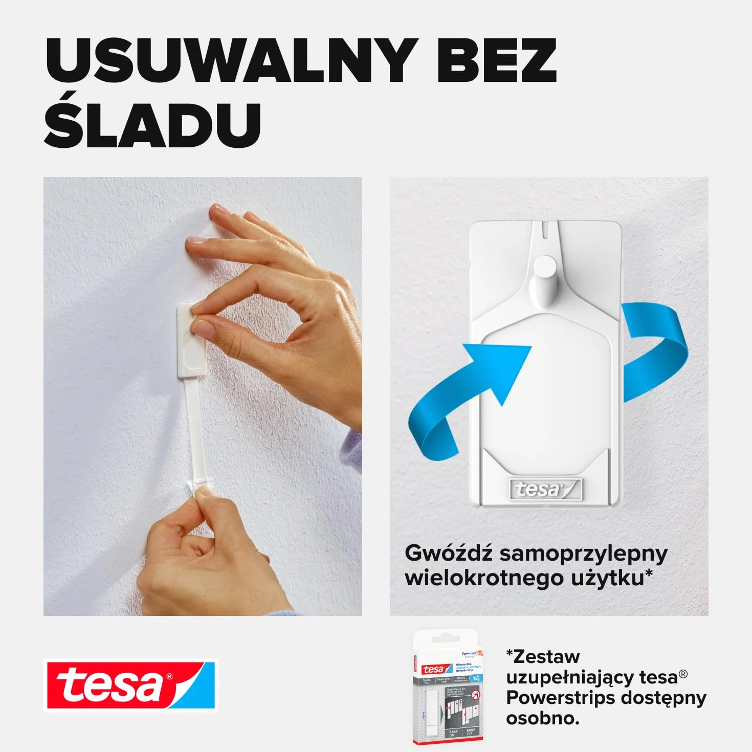 tesa Gwoździe samoprzylepne do tapet i tynku 0,5 kg w opakowaniu 4 szt. – samoprzylepne paznokcie do delikatnych powierzchni – bez pozostawiania śladów – do 0,5 kg udźwigu na gwóźdź – 4 x 2 gwoździe