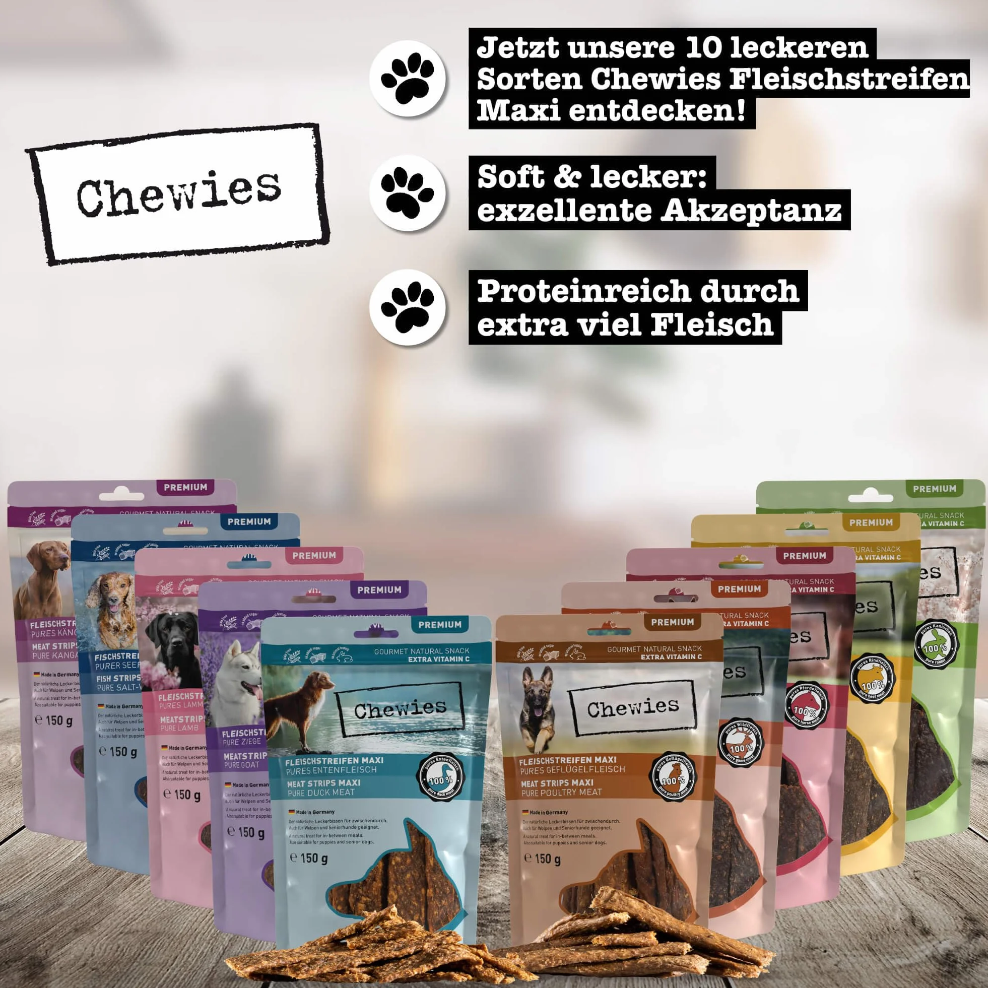 Chewies Paski mięsne MAXI przysmaki dla psów ze 100% mięsa króliczego – 150 g – suszone na powietrzu paski do żucia dla psów – bez cukru i zbóż – suszone mięso królika