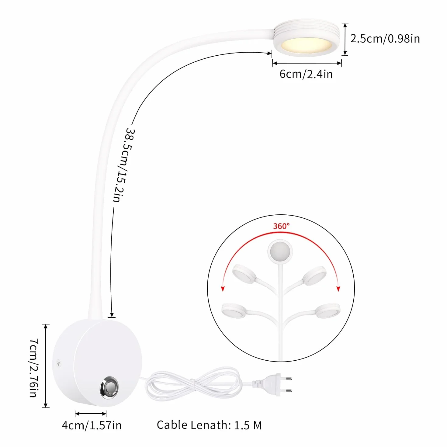 ERWEY 2 lampki do czytania na ścianie, czytnik nocny z przełącznikiem dotykowym 3000-6000 K, port ładowania USB, 4 W obrotowy czytnik do łóżka z gniazdem i kablem do sypialni (biały)