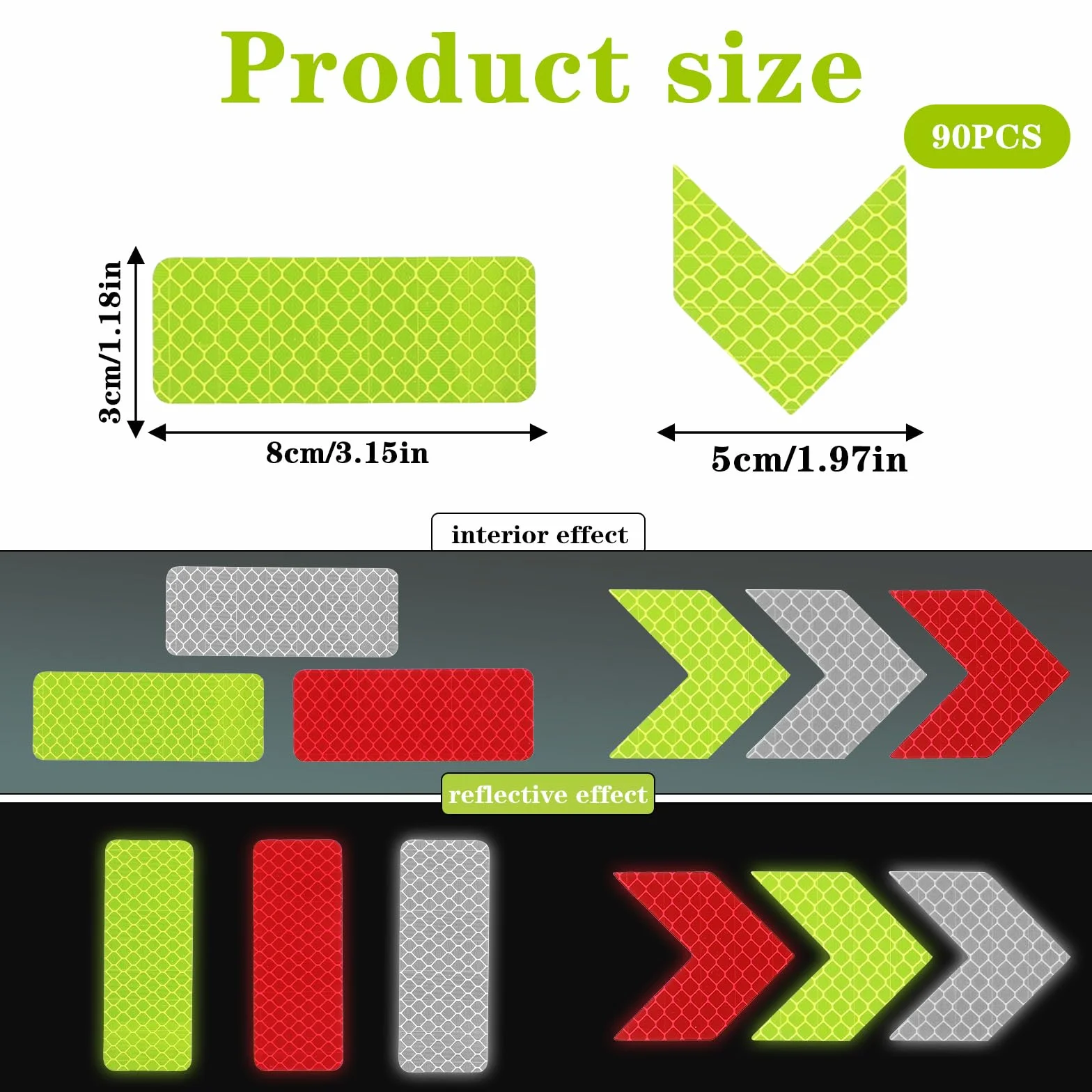 90 sztuk naklejek odblaskowych, 3 x 8 cm i 5 cm, taśma ostrzegawcza, taśma odblaskowa, samoprzylepna, odblaskowa, widoczność w nocy, taśma ostrzegawcza do kasków rowerowych