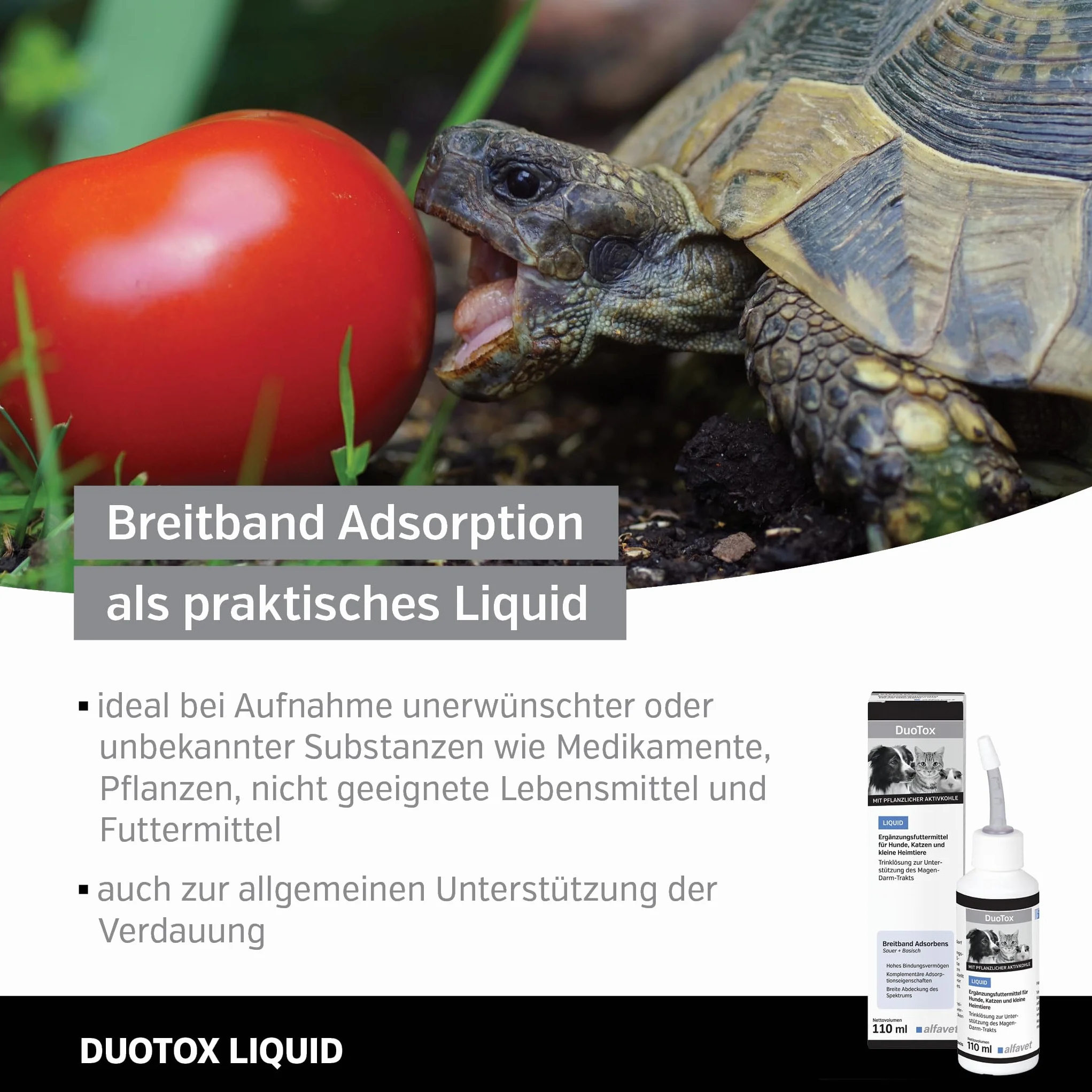 Alfavet DuoTox Liquid - ostra, suplement diety z węglem roślinnym i bentonitem, do wspomagania przewodu pokarmowego psów, kotów, małych zwierząt domowych, z nakładką aplikacyjną 110 ml