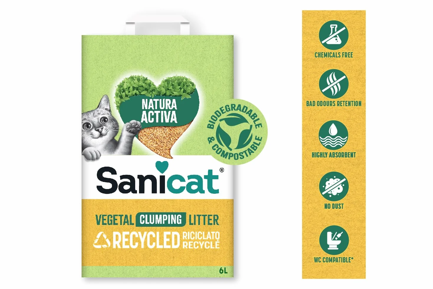 Sanicat – Zbrylający żwirek dla kotów z przetworzonych kolb kukurydzy | Doskonałe wchłanianie i redukcja nieprzyjemnych zapachów | Produkt przyjazny dla środowiska i biodegradowalny | Pojemność 6 l