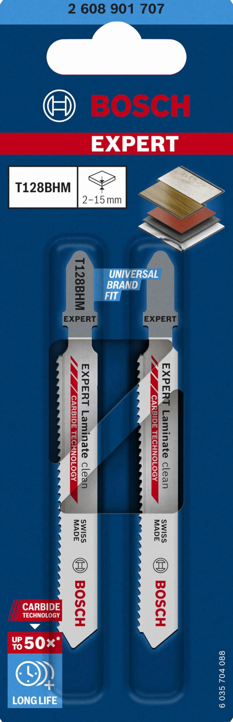 Bosch 2x Expert Laminate Clean T 128 BHM brzeszczot do wyrzynarki (do winylu kompaktowego, PCW, HPL, długość 92 mm, profesjonalne akcesoria do wyrzynarki)
