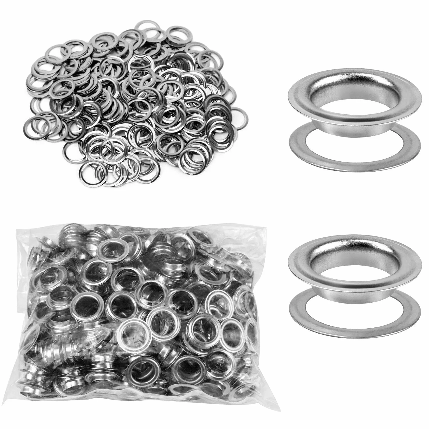 QWORK Zestaw narzędzi do przelotek, 500 sztuk przelotek i 500 sztuk podkładek do oczek, 12 mm (1/2 cala), srebrny, do butów, odzieży, plandek z tkaniny skórzanej, washer self backing