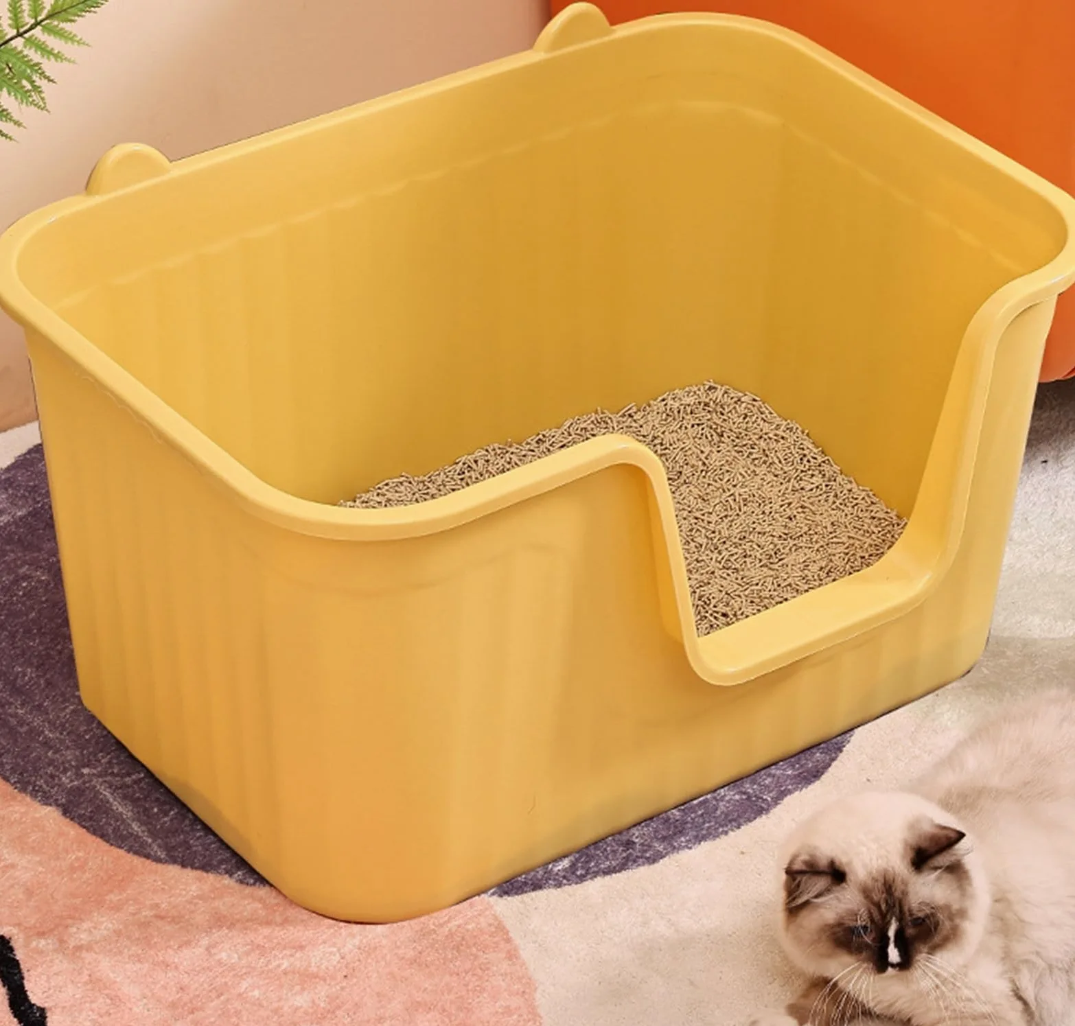 Kuweta dla Kota Solidna Otwarta Górna Kuweta Dla Zwierząt Z Wysokimi Ściankami, Odporna Na Rozpryskiwanie, Pojemnik Śmieci Trwała Kotów Nieprzywierająca(Yellow,50x38x30.5 cm)