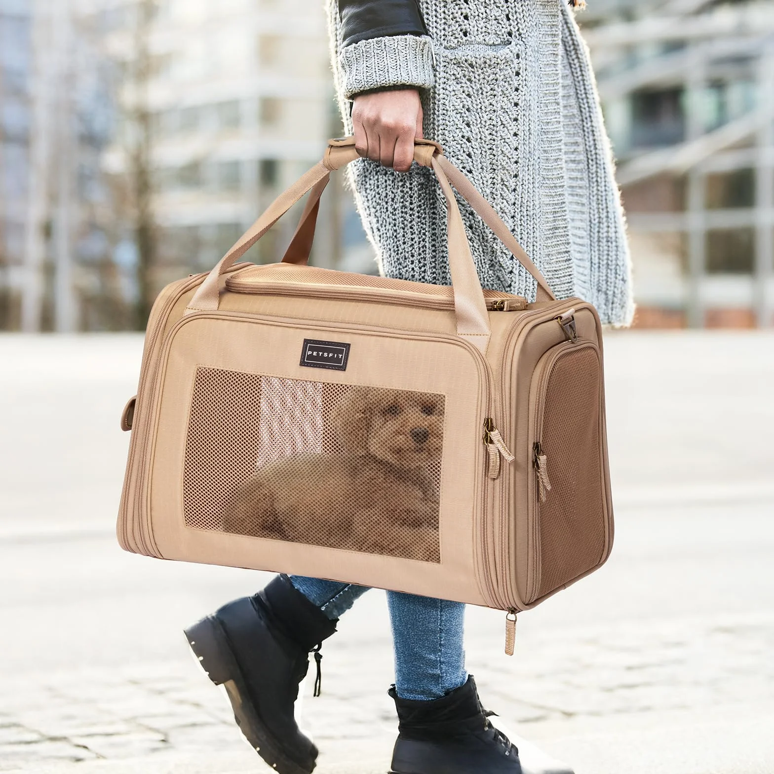 Petsfit Nosidełko podróżne dla kota, miękkie nosidełko dla psów z rozszerzalną matą i czworokątną siatką z tkaniny Oxford, przenośna torba dla psa z ulepszoną dużą przestrzenią, khaki