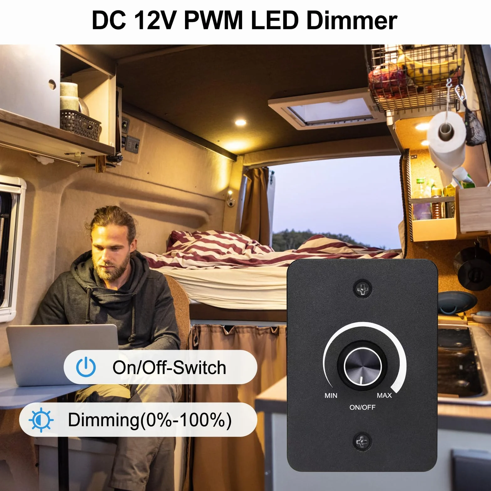 Ściemniacz LED 12 V, ściemniacz do lamp LED, ściemniacz LED PWM, 12 V, 5 A, 3 przewody, ściemniacz, bezstopniowe ściemnianie, do kamperów, łodzi, samochodów ciężarowych, przyczep kempingowych