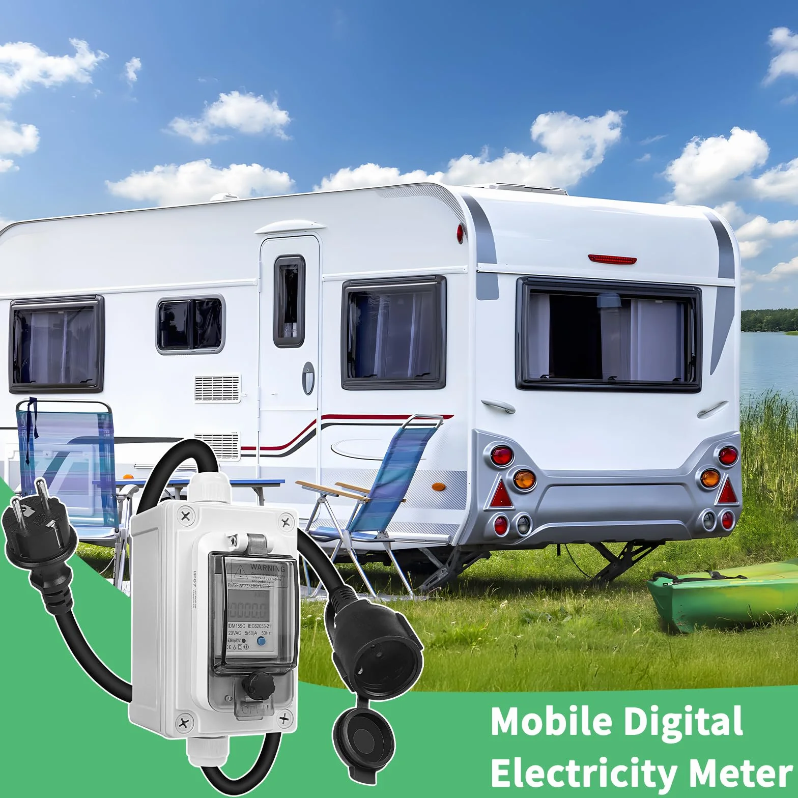 SWAWIS Mobilny cyfrowy licznik prądu 230 V, IP67, miernik zużycia prądu, mobilny, outdoorowy, KWH, gniazdko elektryczne z LED/resetem, miernik zużycia energii do samochodów kempingowych, pojazdów