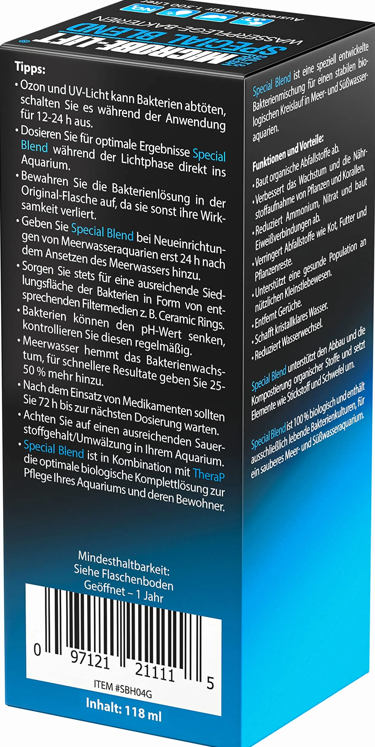 MICROBE-LIFT Special Blend – wysoce aktywne bakterie, do akwarium blisko natury, wspomaga rozkład zanieczyszczeń, woda słodka i morska, 118 ml