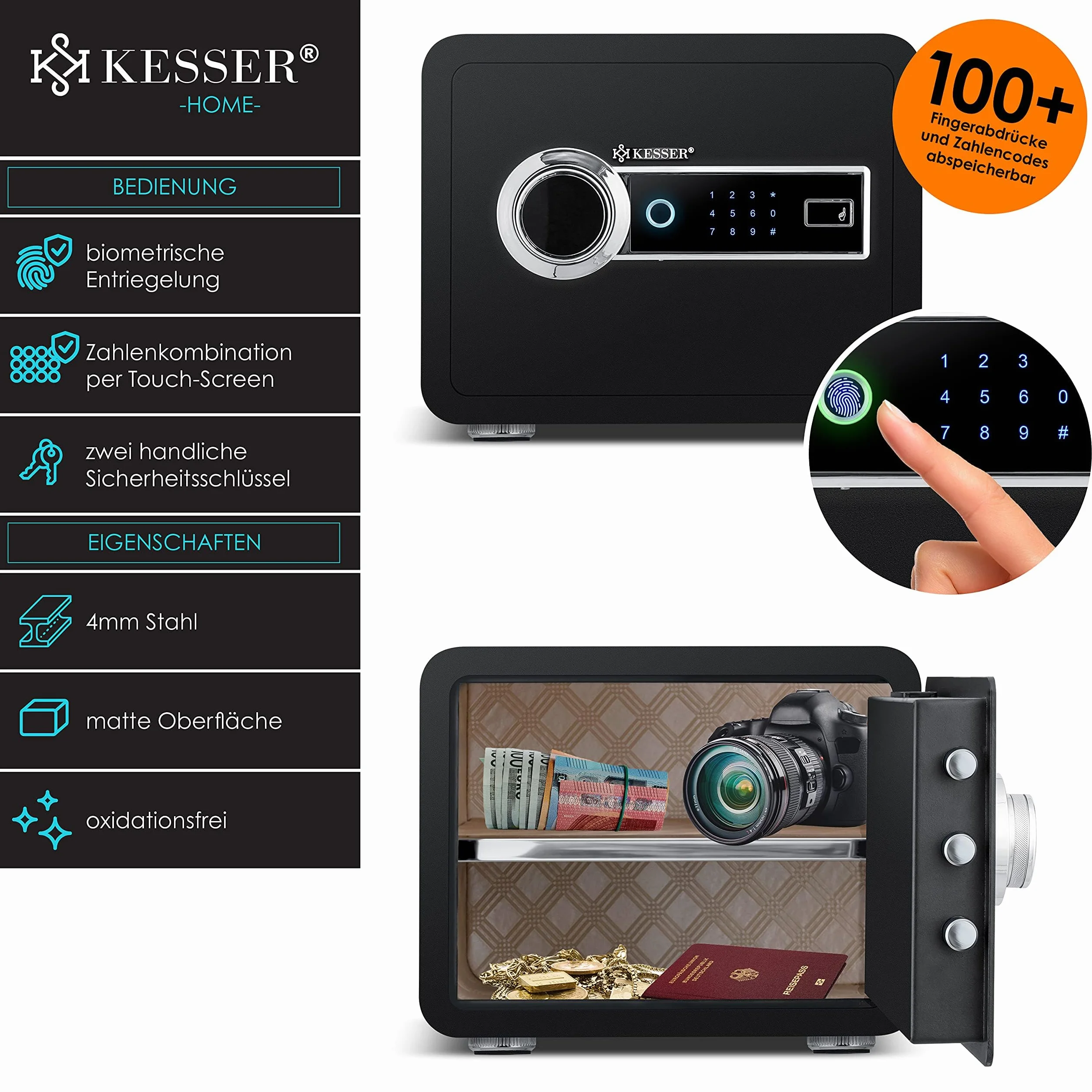 KESSER Elektryczny sejf z odciskami palców 34 x 25 x 28 cm sejf ścienny