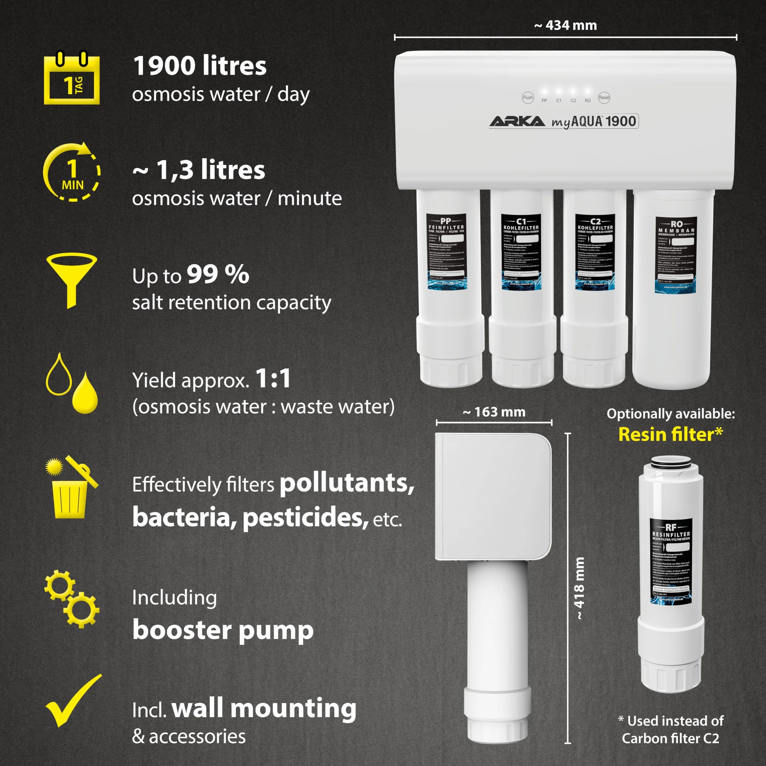 System odwróconej osmozy ARKA myAQUA®1900 o wydajności 1900L/dobę. Filtr i zmiękczacz wody Filtruje do 99% zanieczyszczeń, soli i bakterii z wody. Idealne rozwiązanie dla każdego gospodarstwa domowego
